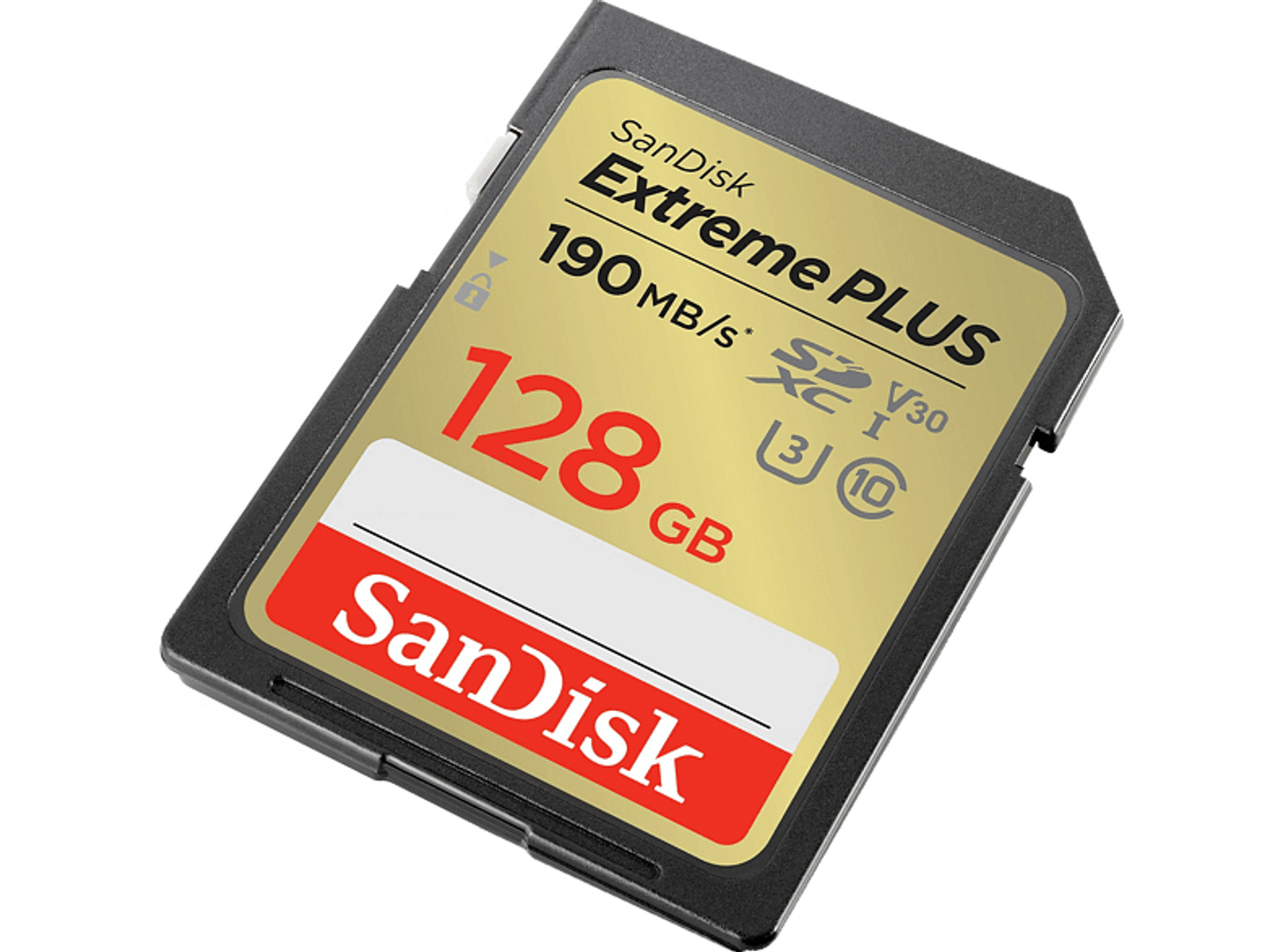 Carte SD SanDisk Extreme PLUS. Or et noir. Affiche 128 Go et une vitesse de 190 Mo/s.