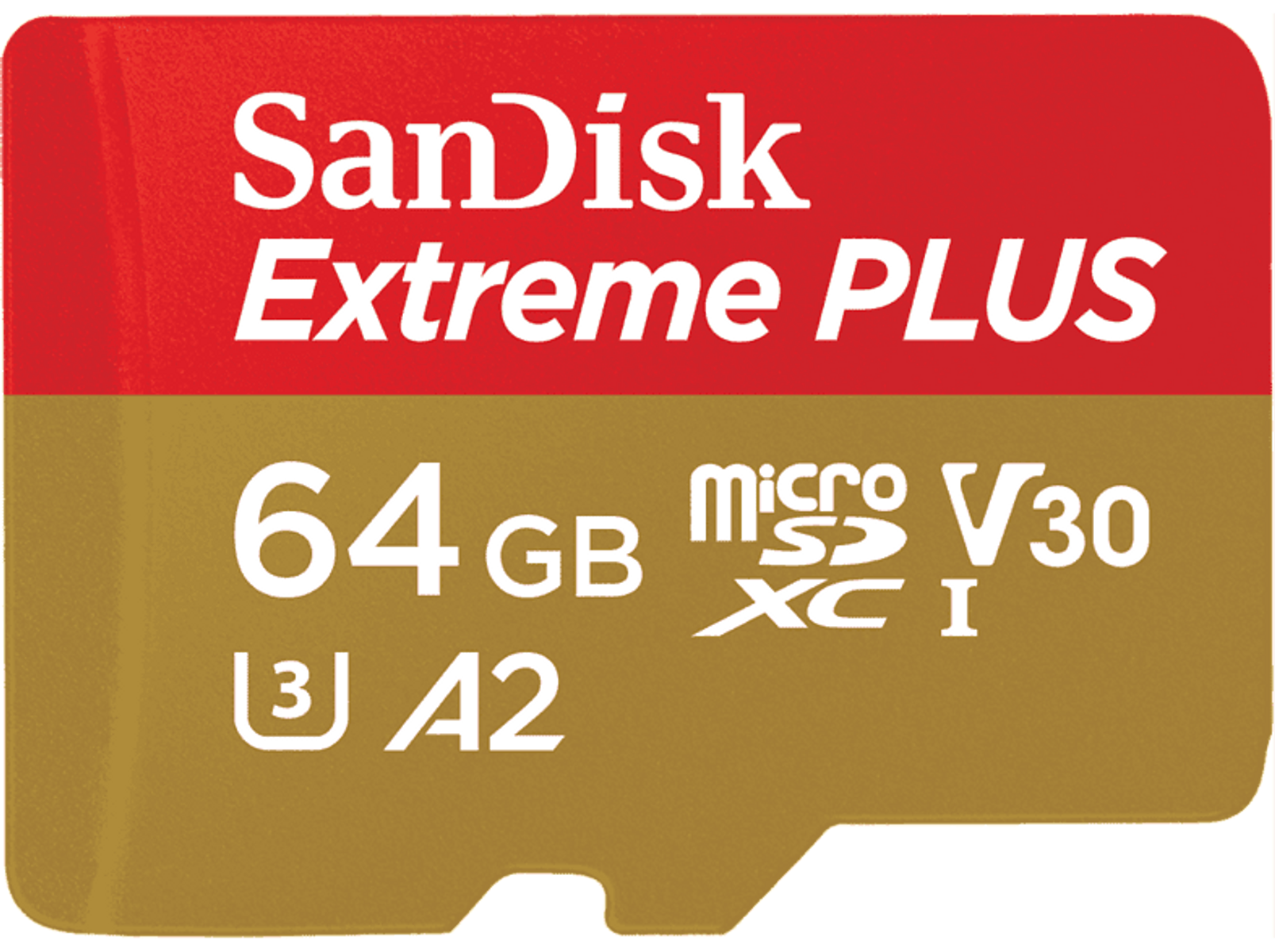 Carte microSD SanDisk Extreme PLUS. Couleurs rouge et or. Texte : 64 Go, microSD, A2, V30.