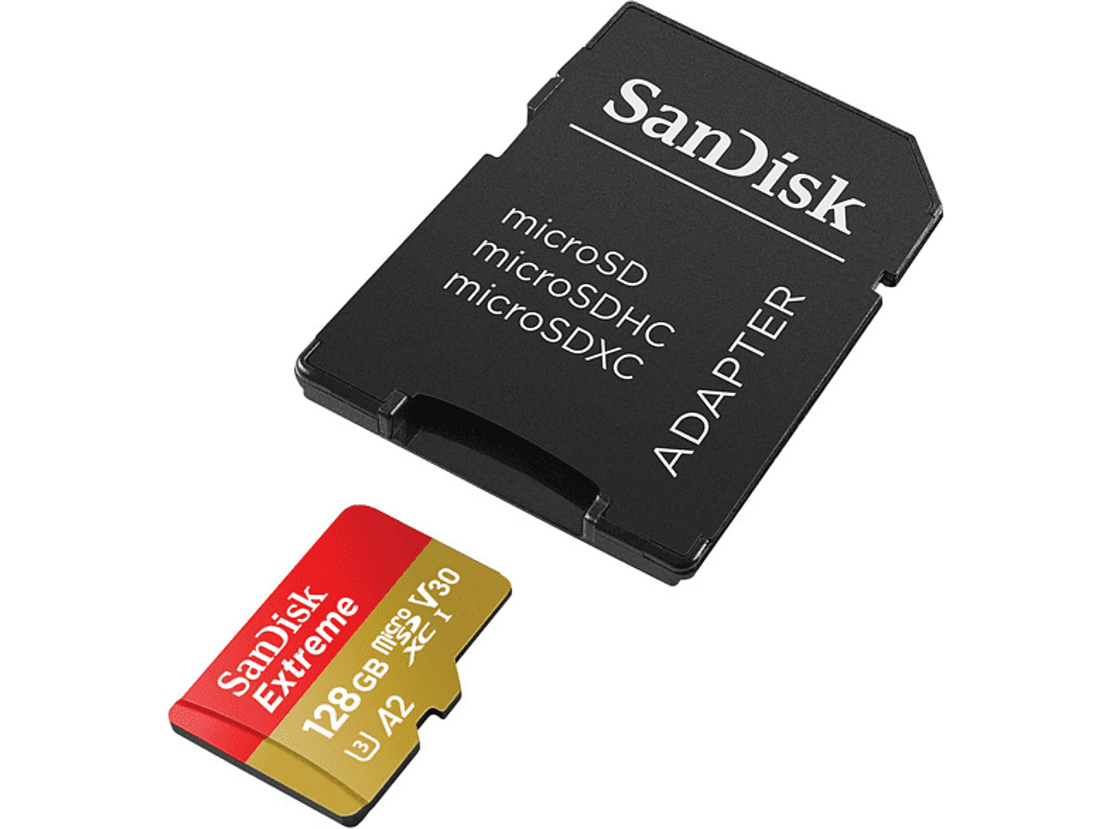 Karta SD i adapter. Czarny adapter oraz mniejsza czerwono-złota karta SD.