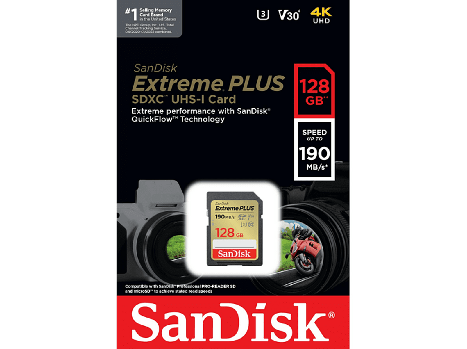 Un emballage de carte SD Sandisk Extreme PLUS 128 Go avec photo de la carte.