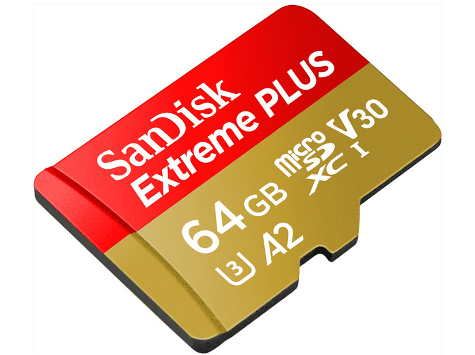 Carte microSD Sandisk Extreme Plus rouge et or. Texte: 64 Go, A2, V30. Gros plan.