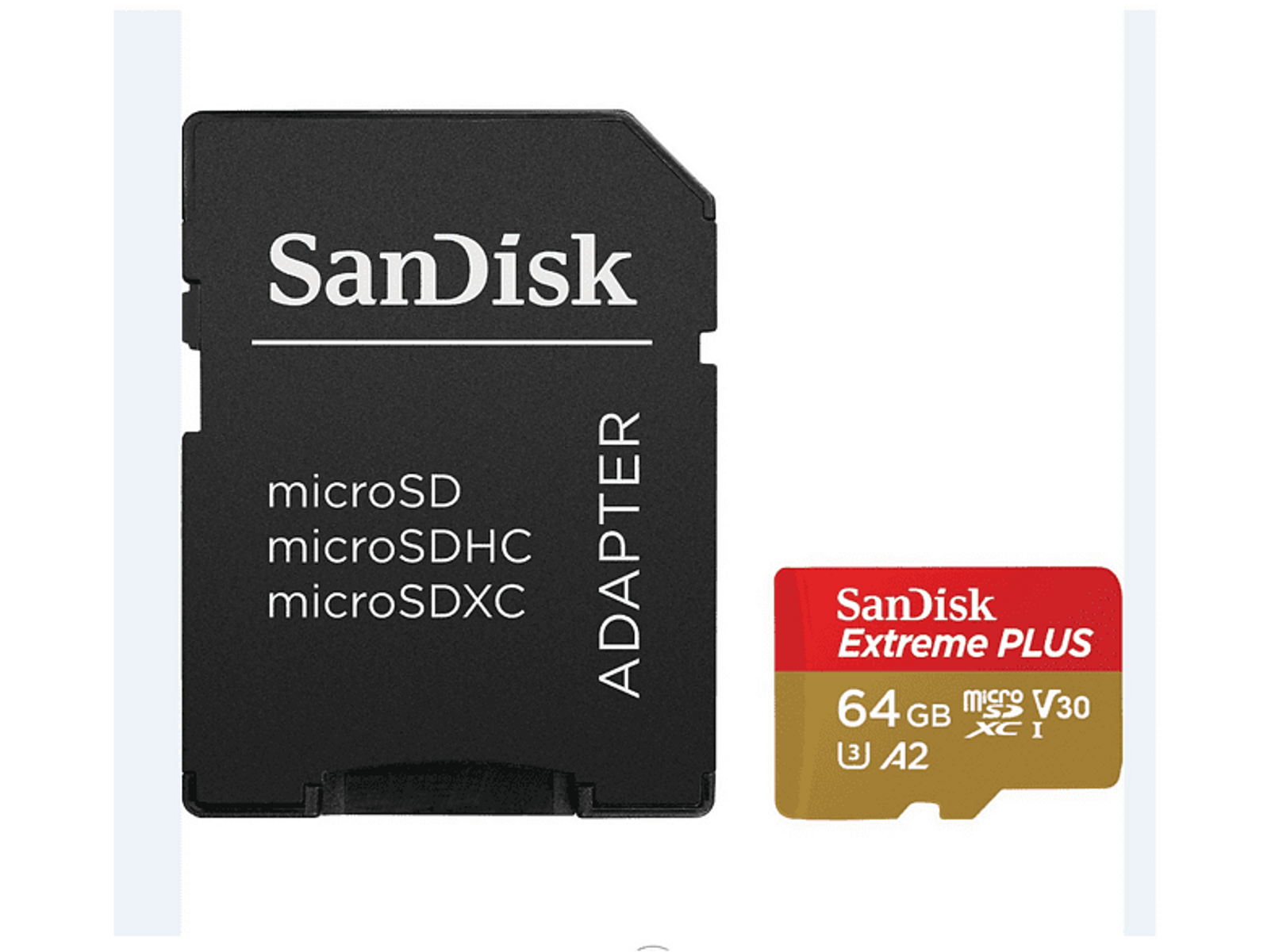 Un adaptateur SanDisk microSD et une carte microSD Extreme PLUS de 64 Go sur fond blanc.