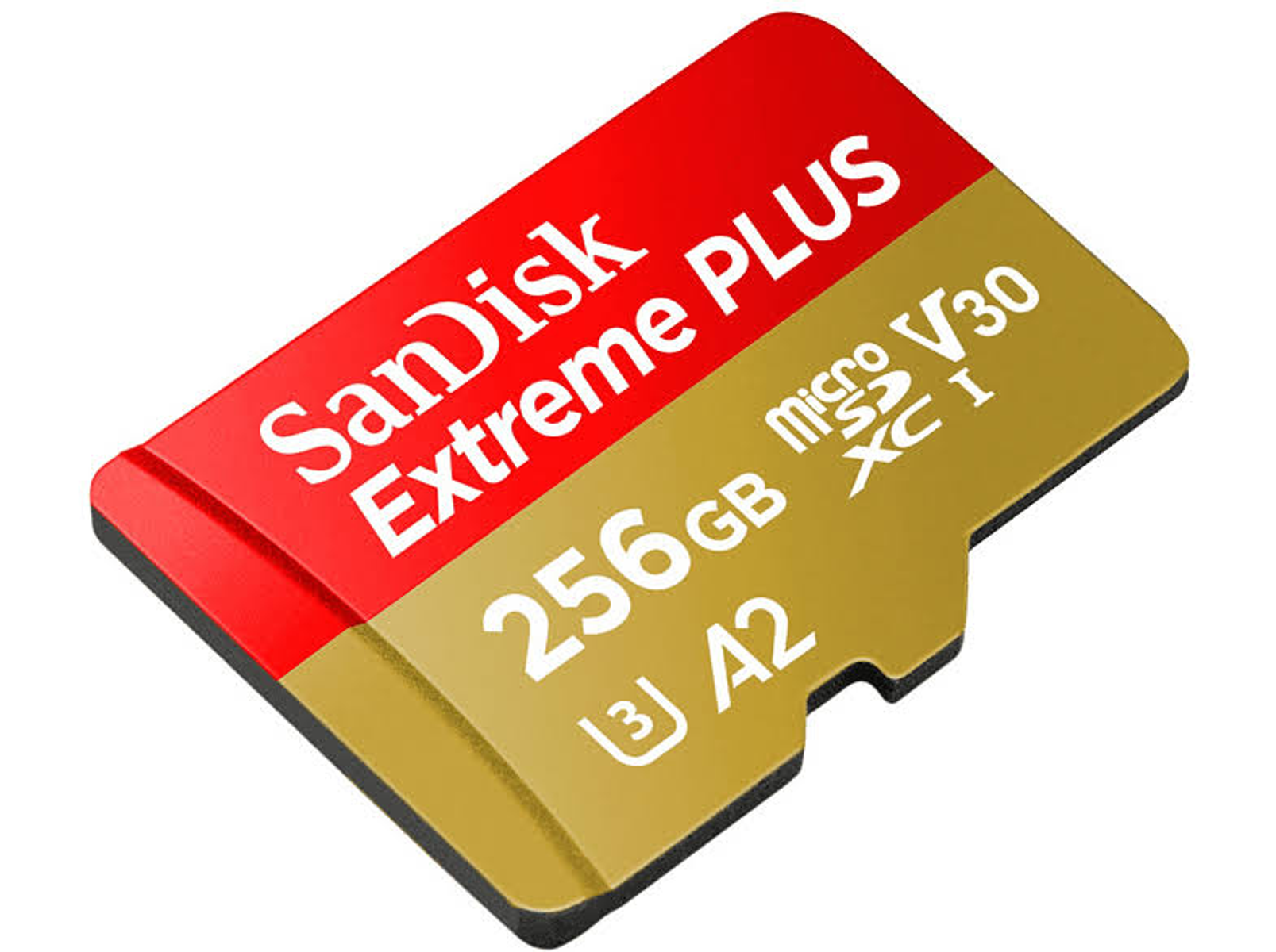Une carte microSD SanDisk Extreme Plus rouge et dorée. Le texte '256 Go' et d'autres détails sont visibles.