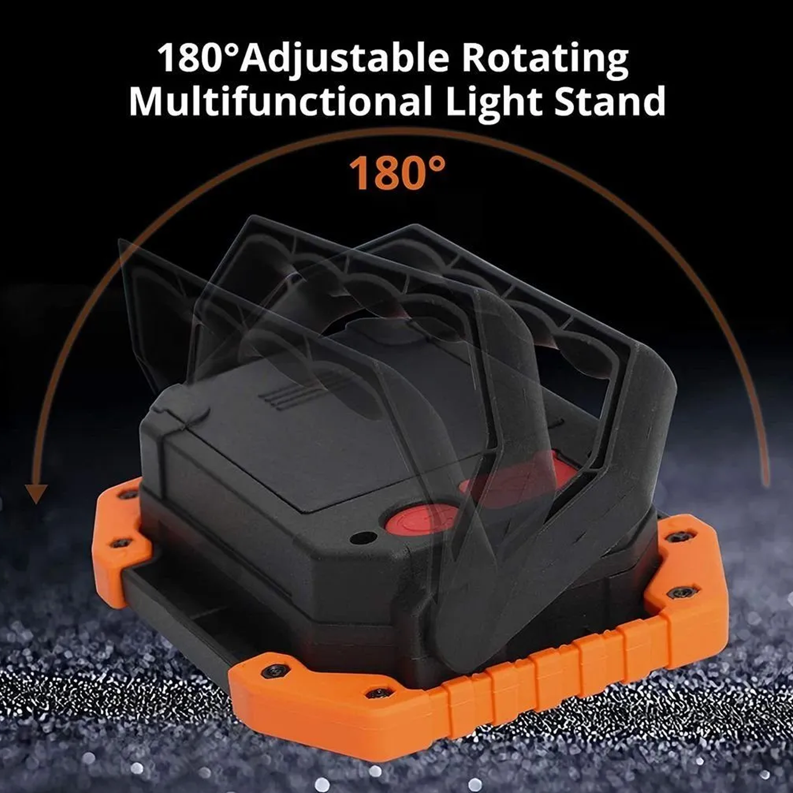 Soporte de luz negro y naranja, con dirección de luz ajustable, sobre una superficie texturizada.
