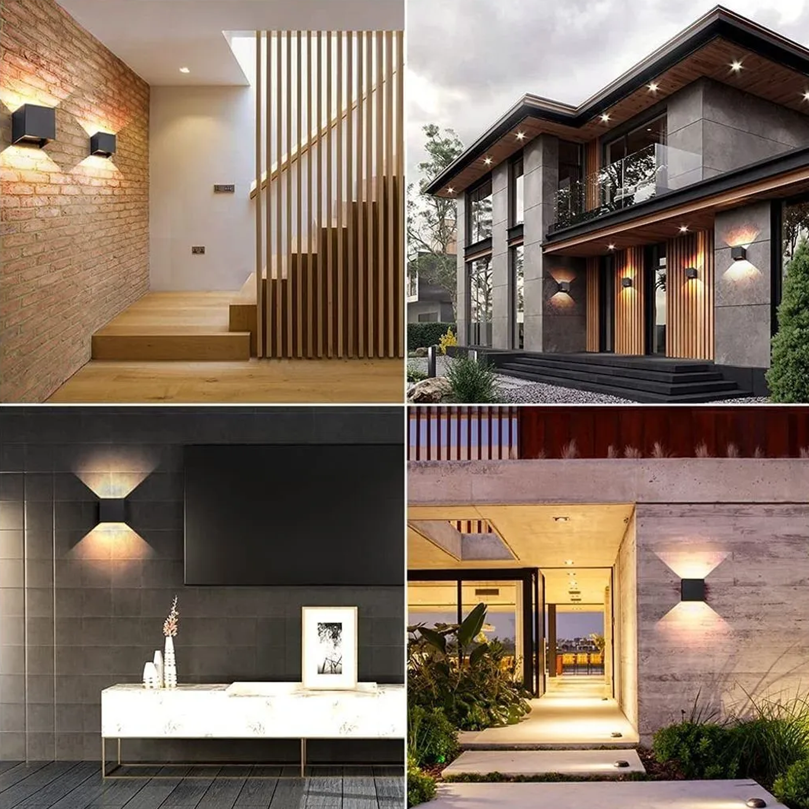 Eine Collage von Innen- und Außenbeleuchtungskörpern an Wänden und Treppen.