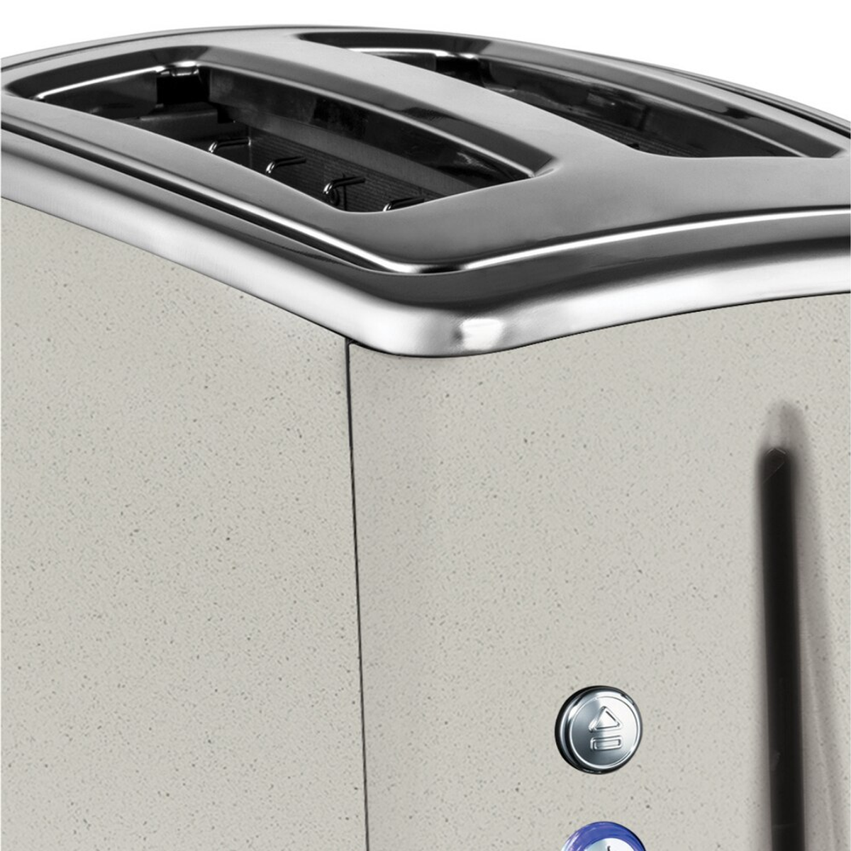 Un grille-pain avec un dessus en acier inoxydable et un corps gris clair texturé.