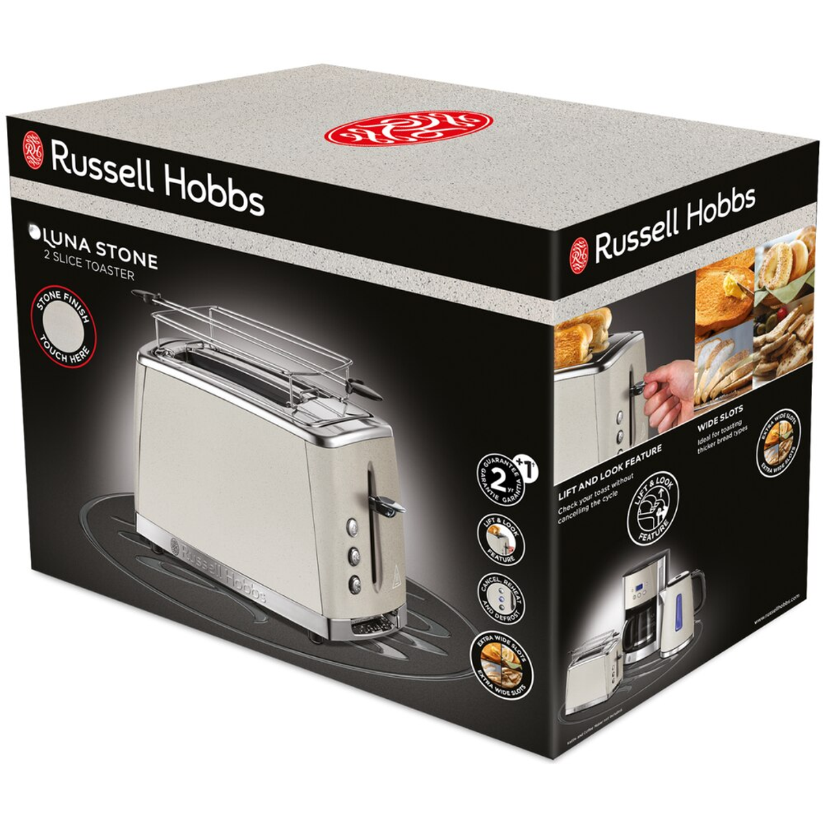 Un grille-pain Russell Hobbs Luna Stone dans une boîte grise et noire.
