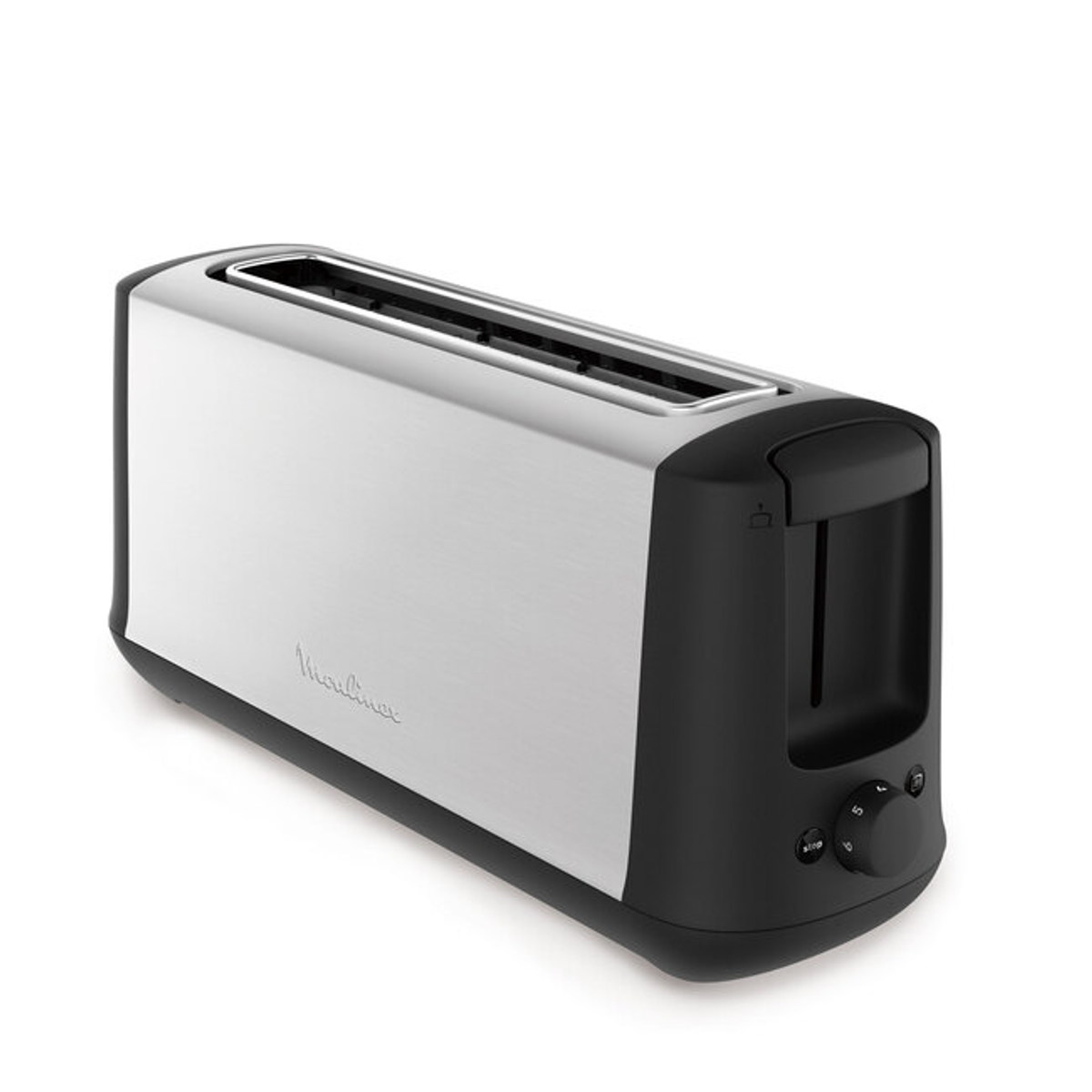 Ein silberner und schwarzer Toaster auf weißem Hintergrund. Mit Drehknopf und Stopptaste.