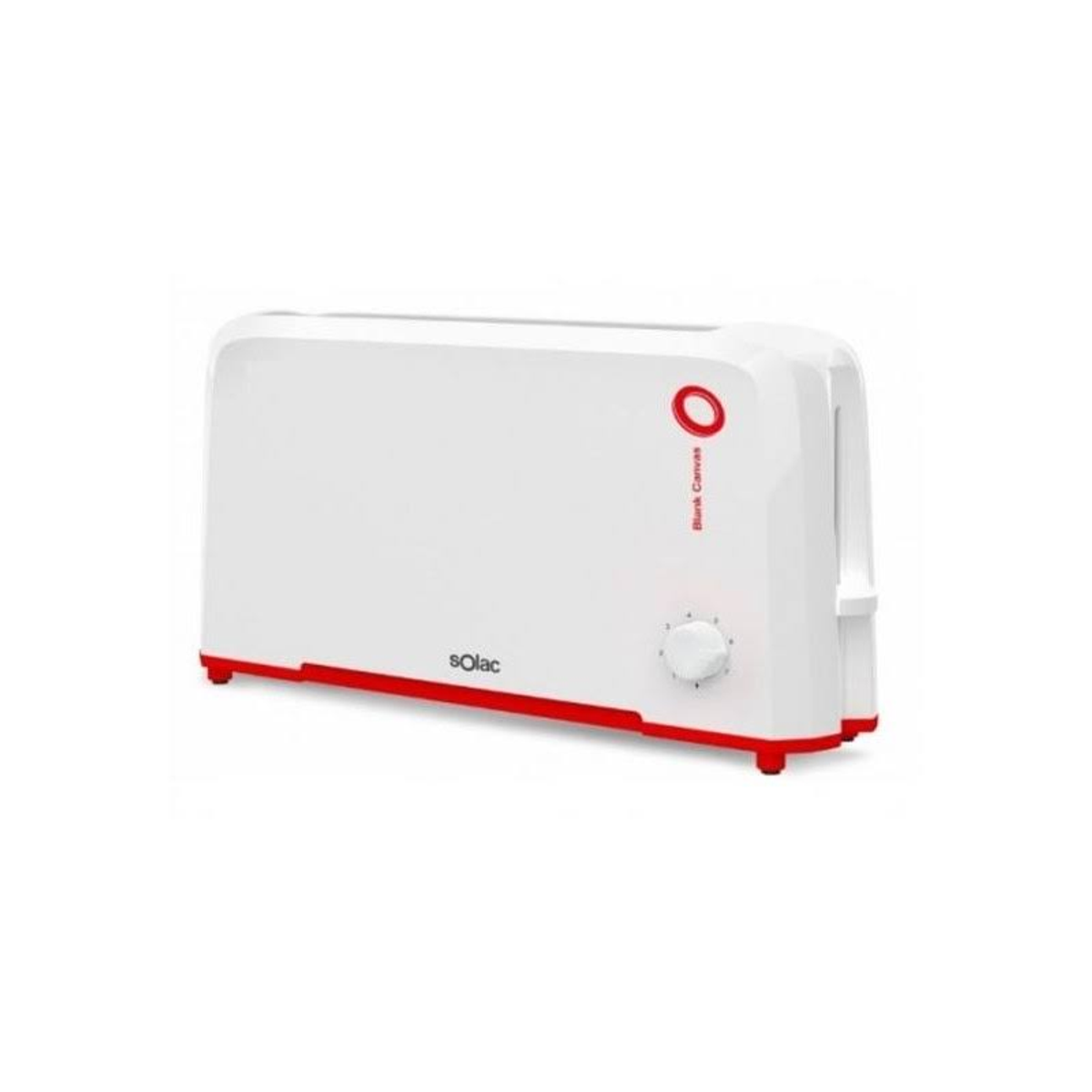 Biały toster z czerwonymi akcentami. Posiada dźwignię i pokrętło. Marka to solac.