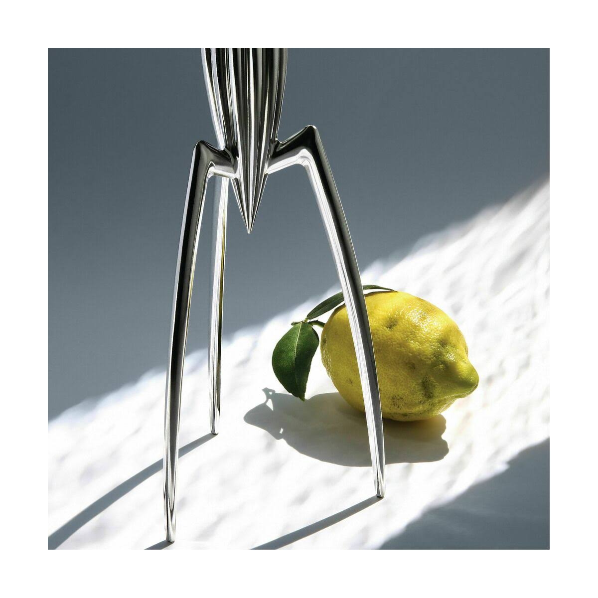 Exprimidor de limones de acero inoxidable con un limón amarillo y una hoja verde sobre una superficie blanca.