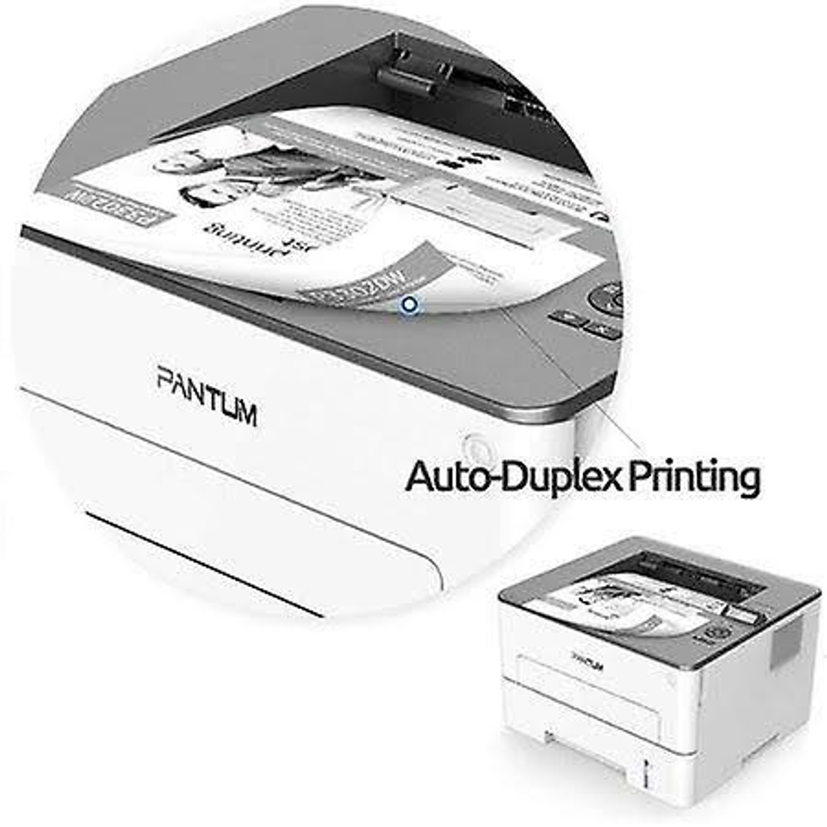 Drukarka ze zbliżeniem wydrukowanej kartki z napisem 'Auto-Duplex Printing'.