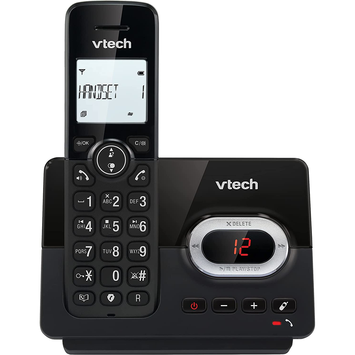 Un telefono fisso nero con un ricevitore e una stazione base con pulsanti.