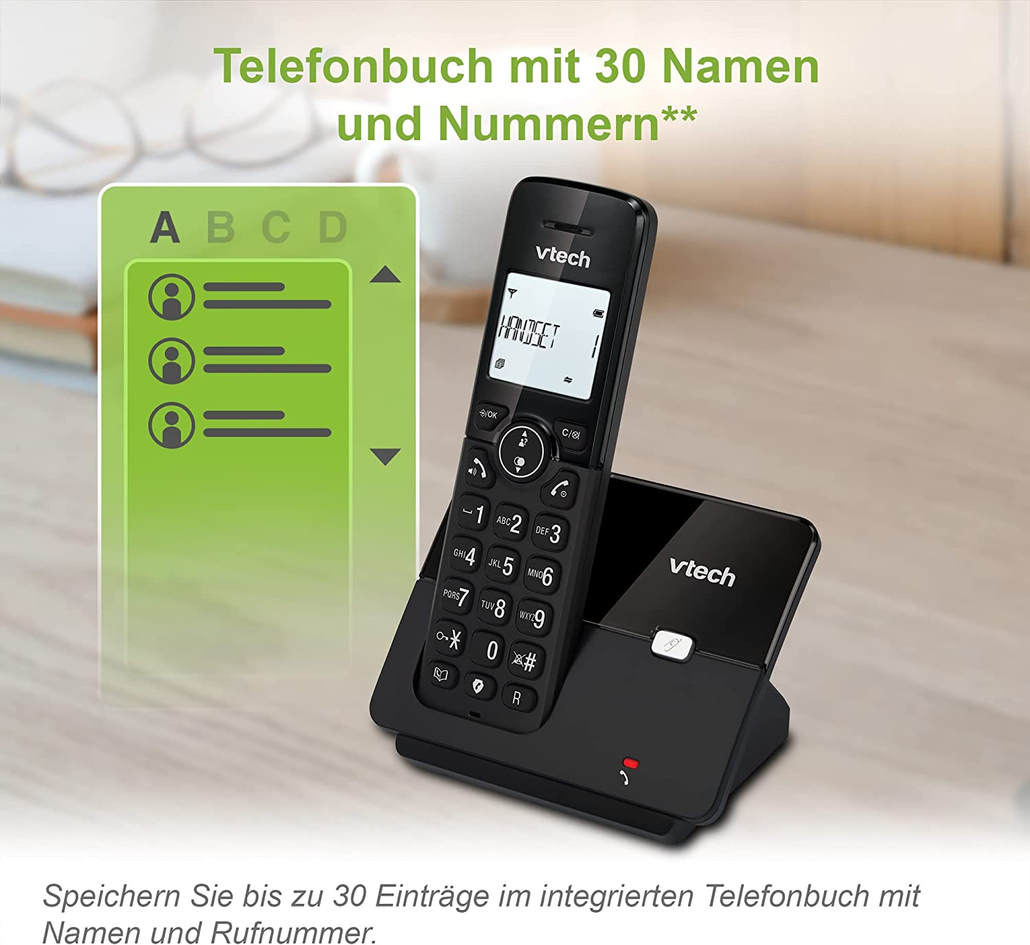 Schwarzes schnurloses Telefon auf einem Ständer. Text über Telefonbuch. Holztisch.