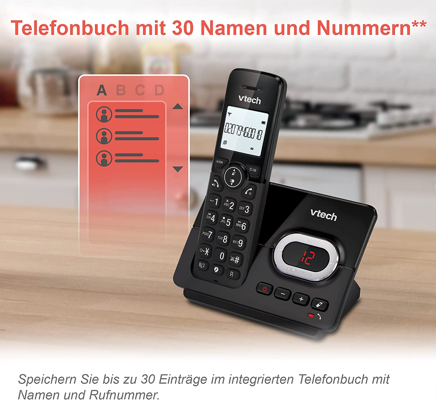 Telefono cordless VTech nero con stazione base su una superficie in legno con testo e icone.