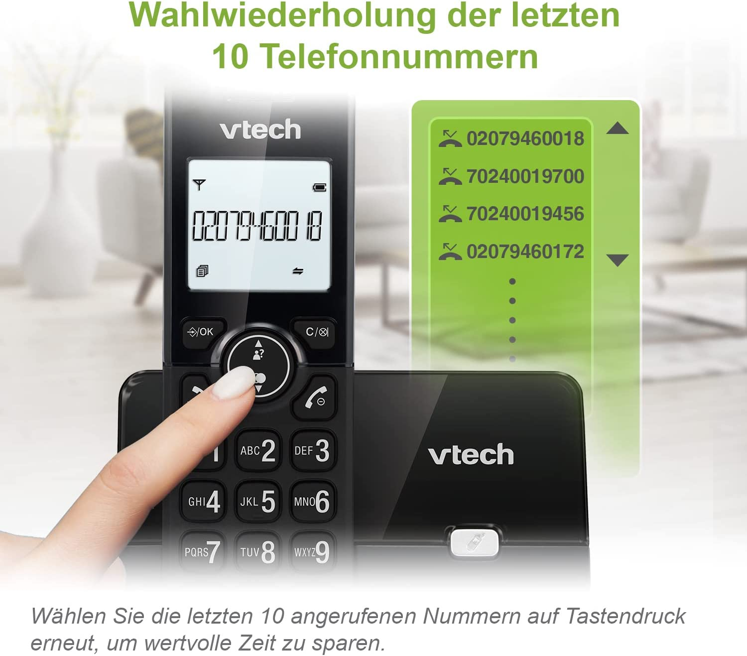 Ein schnurloses Telefon mit einem Bildschirm, der gewählte Nummern und eine Liste der letzten Anrufe zeigt.