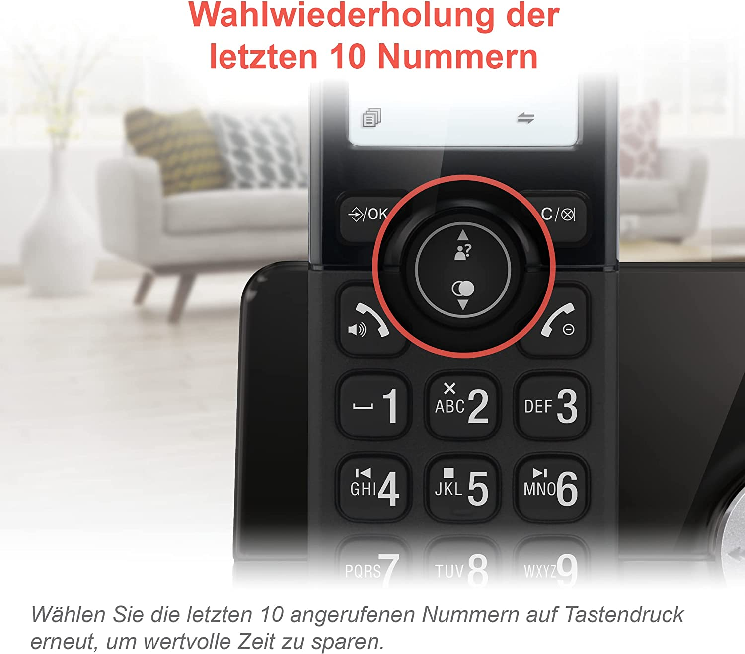 Primo piano di un telefono con tasti numerici. Il testo dice 'ultimi 10 numeri'.