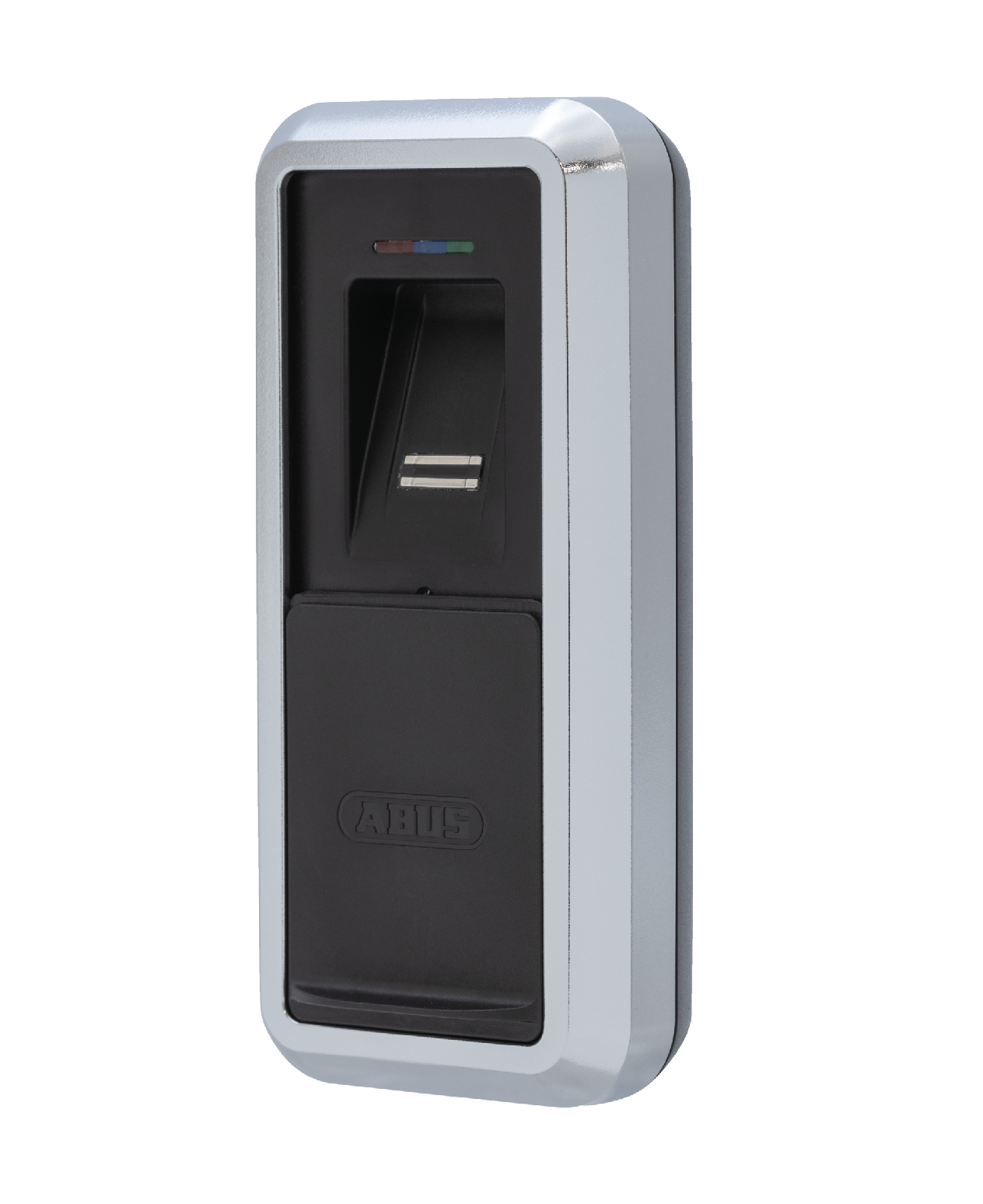 Silberner Fingerabdruckscanner mit schwarzem Bereich, ABUS-Logo, an der Wand, isoliert auf Weiß.