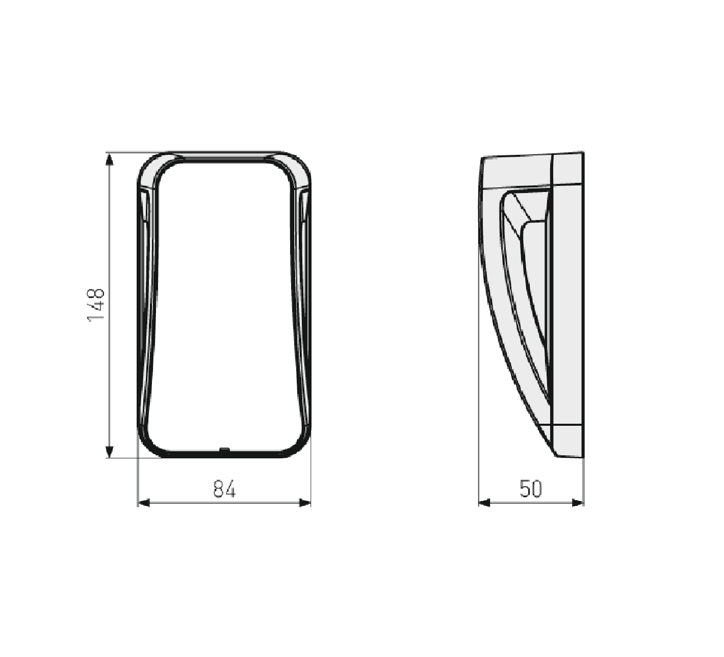 Diagramm einer weißen Wandleuchte mit Abmessungen und Seitenansicht.