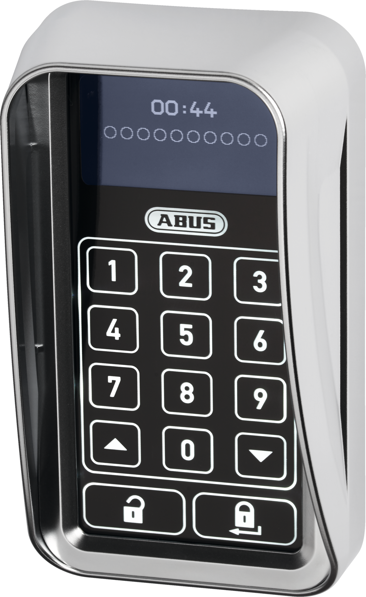 Ein weißes Sicherheitstastenfeld mit Digitalanzeige, Zahlen und einem Schlosssymbol. Die Marke ist ABUS.