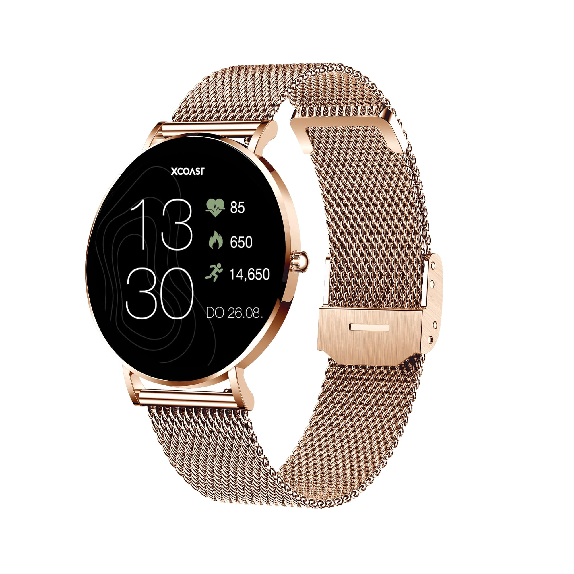 Roségoldene Smartwatch, schwarzer Bildschirm mit Zeit und Metriken.