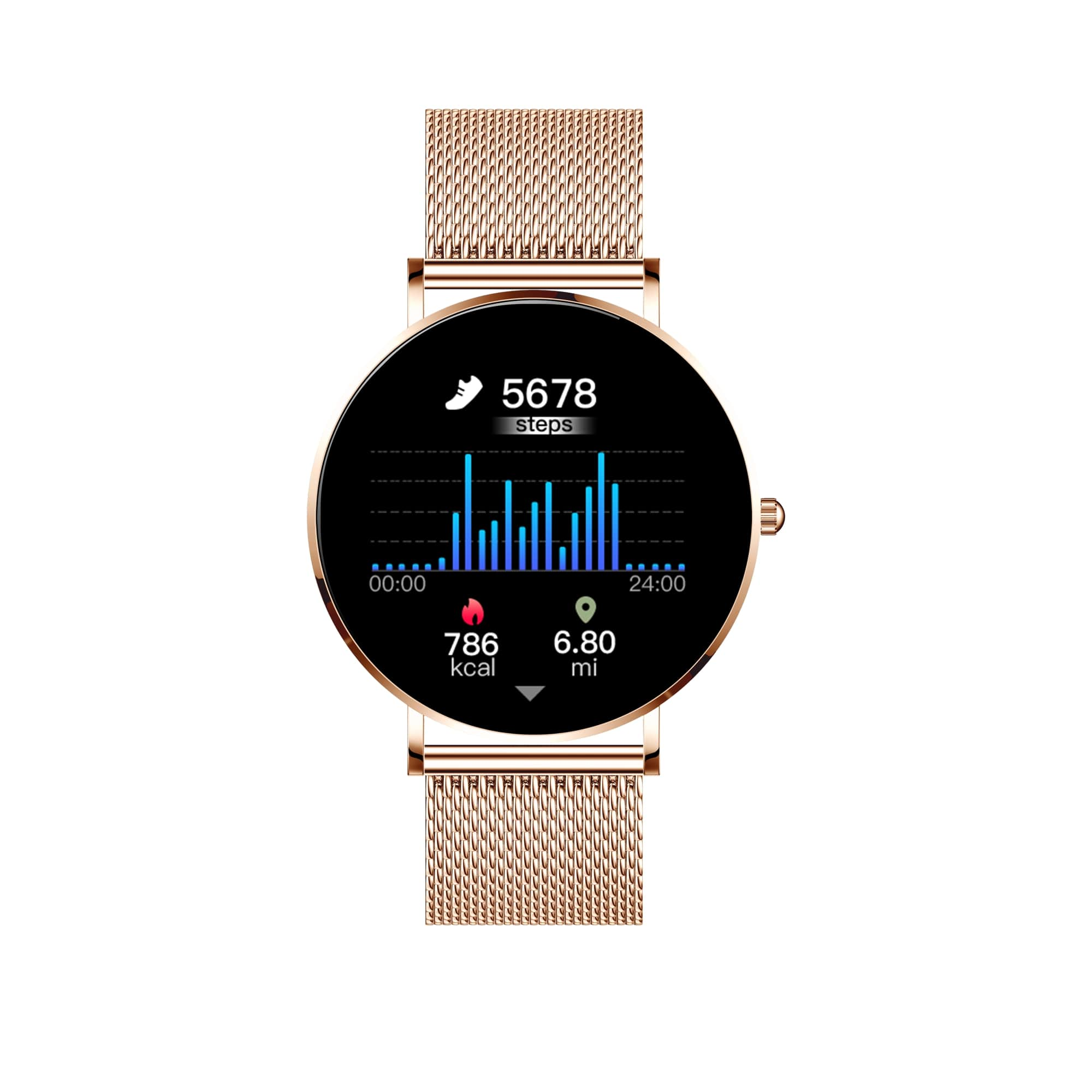 Smartwatch mit goldenem Armband. Der Bildschirm zeigt Schritte, Kalorien und Zeit an.