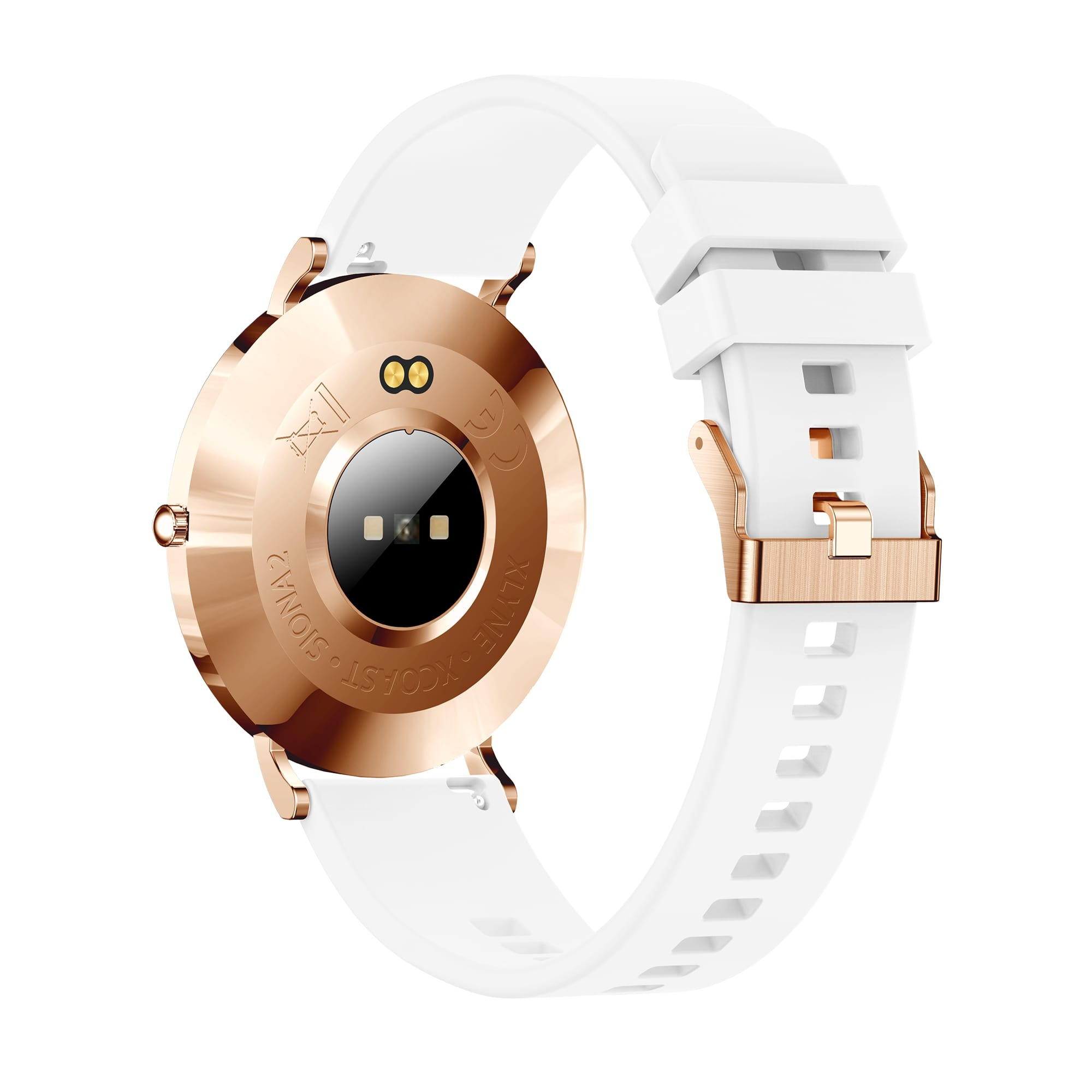Eine roségoldene Smartwatch mit weißem Armband, zeigt die Rückseite mit Sensoren.