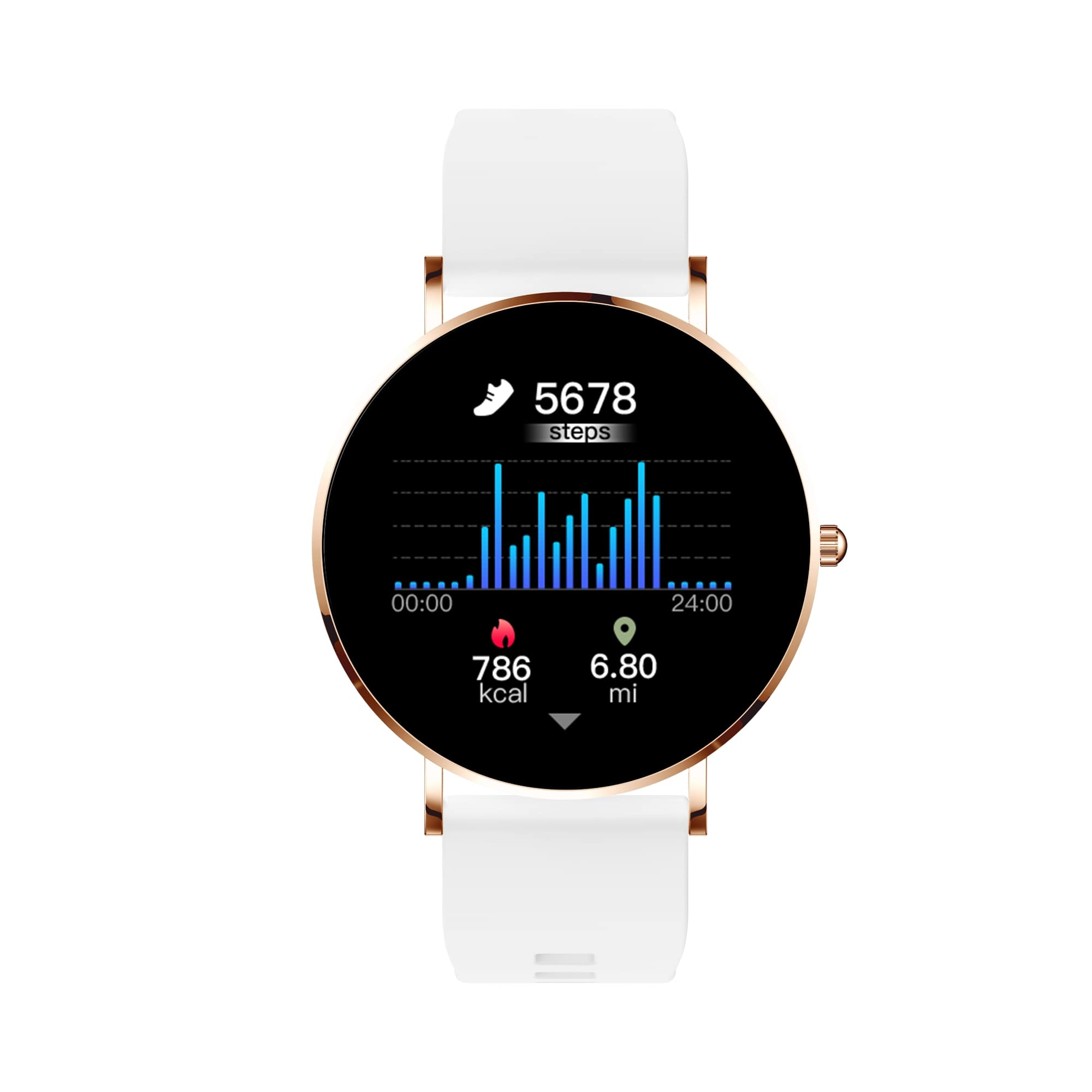 Smartwatch mit weißem Armband, goldenem Gehäuse und Bildschirm mit Schritten, Zeit, Kalorien und Distanz.