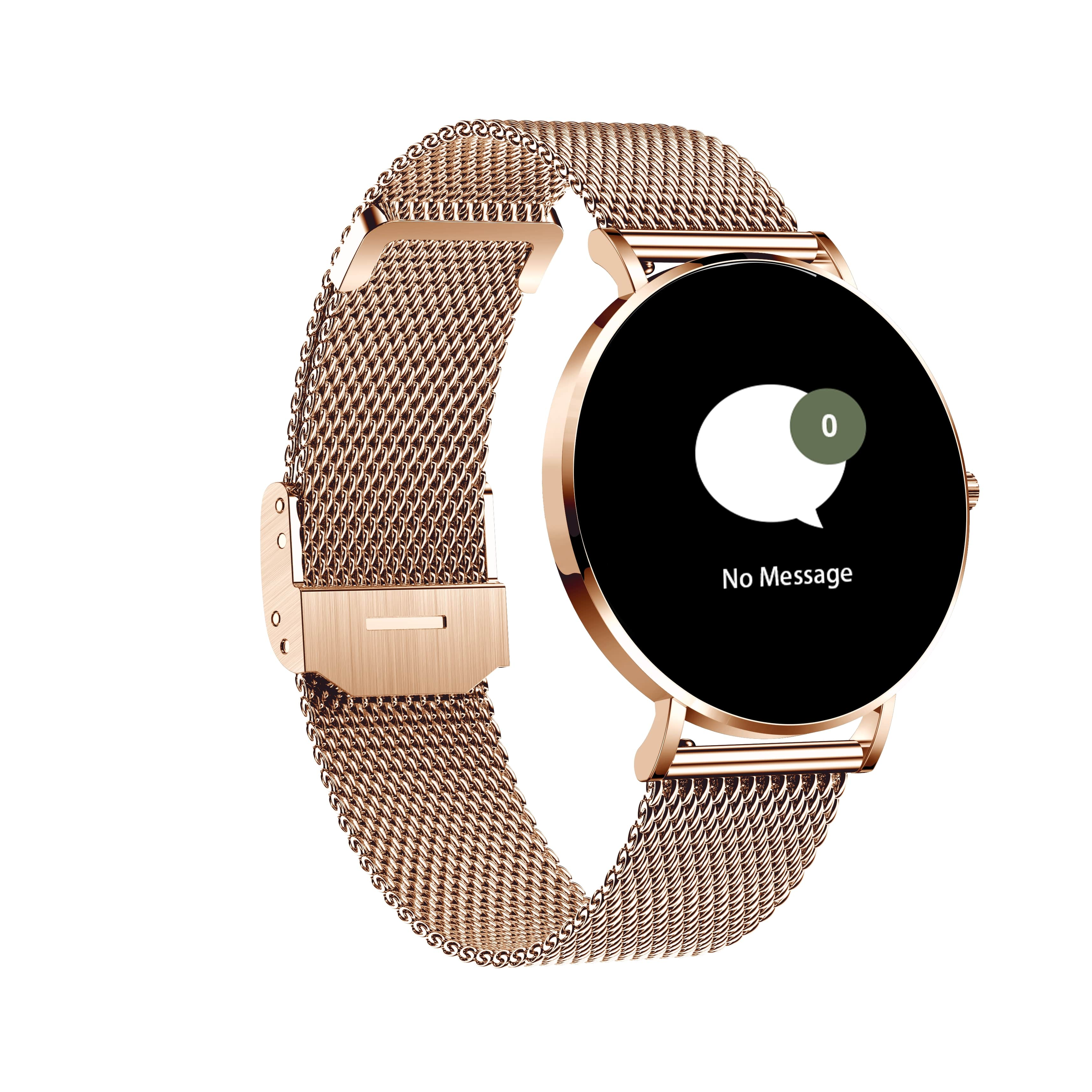Roségoldene Smartwatch mit Mesh-Armband, Nachrichtenblase auf dem Bildschirm.