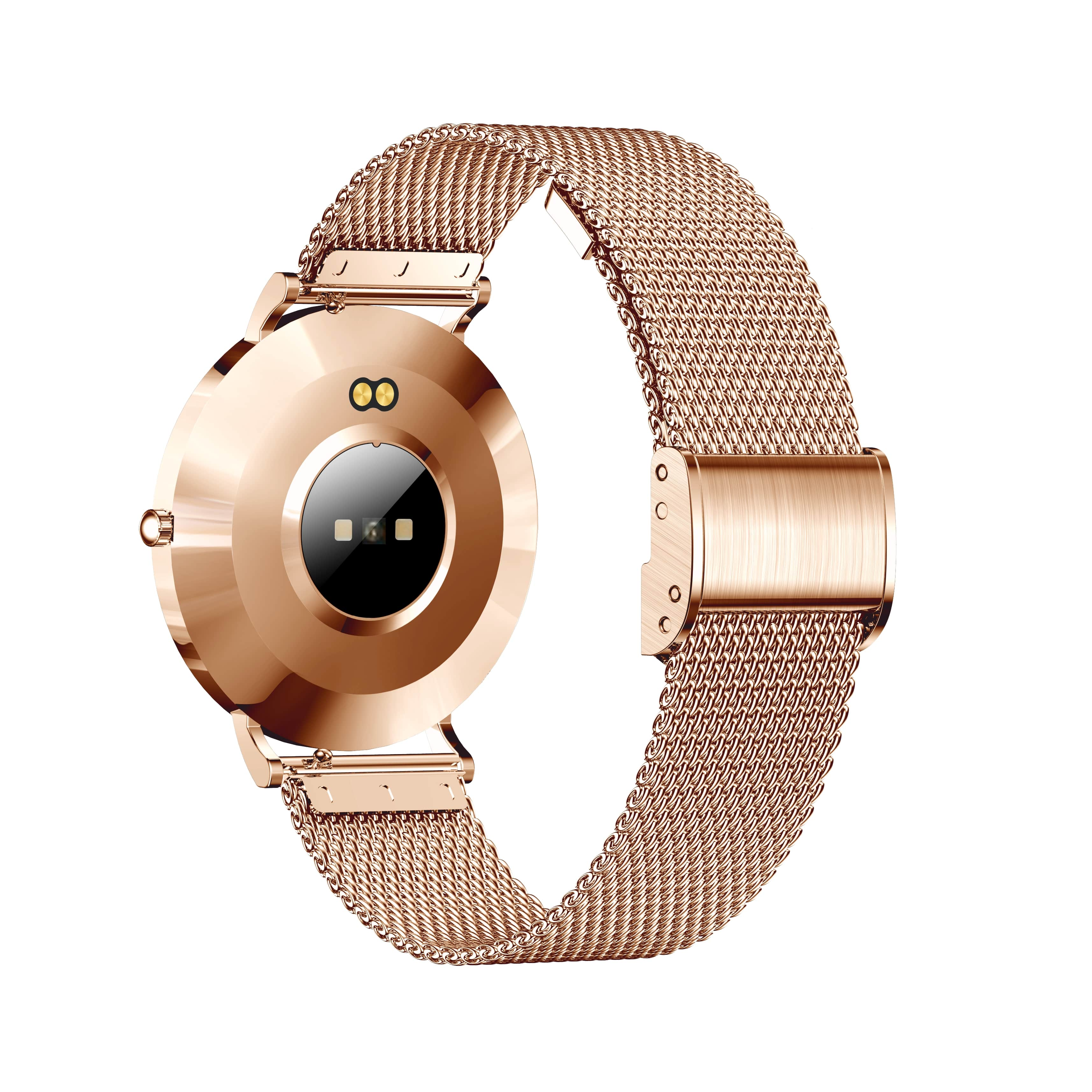 Roségoldene Uhr mit Mesh-Band, Rückansicht mit Herzfrequenzsensor.