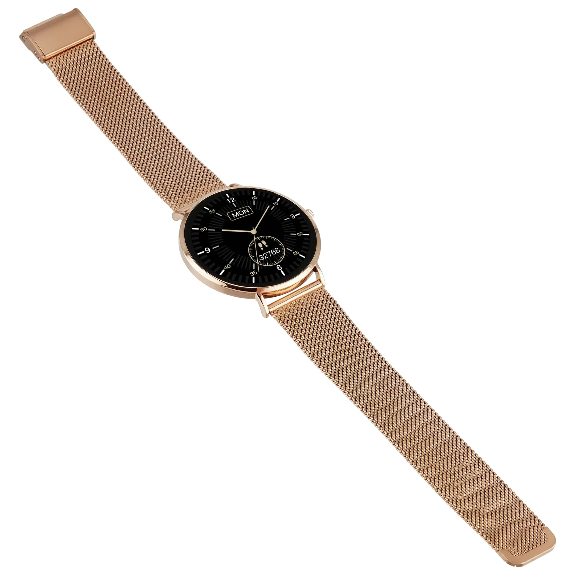 Roségoldene Smartwatch mit Mesh-Armband, zeigt die Uhrzeit. Weißer Hintergrund.