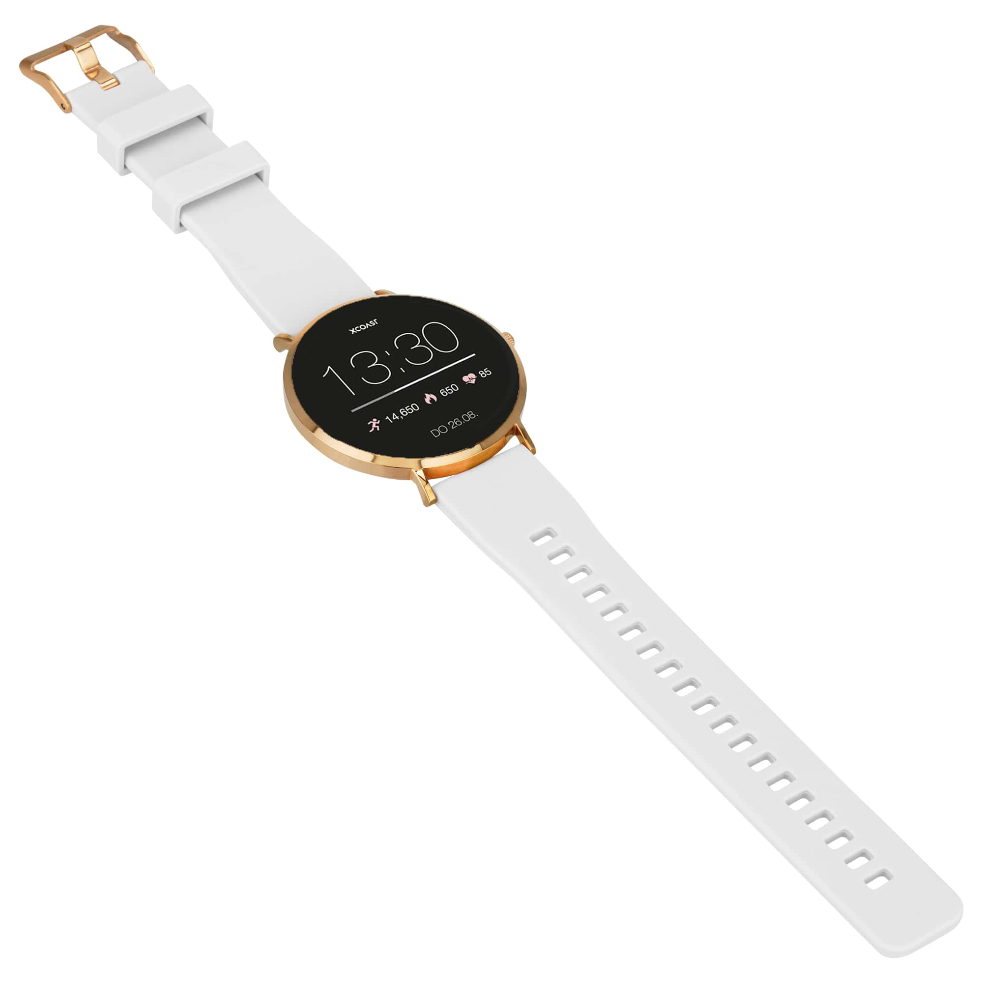 Weiße Smartwatch mit goldfarbenem Rahmen und weißem Armband. Die Zeit ist 13:30.