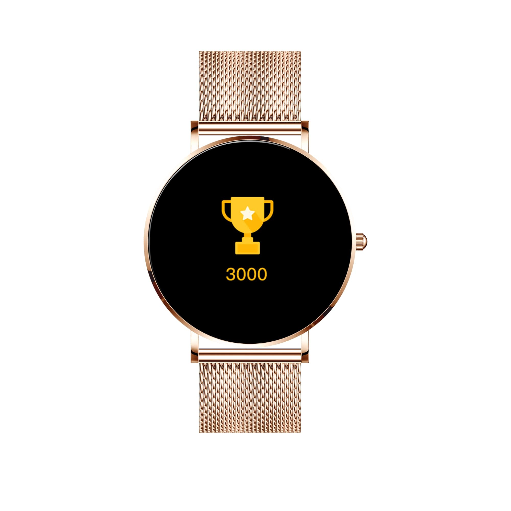 Eine goldene Smartwatch mit einem Trophäensymbol und der Zahl 3000 auf dem Bildschirm.