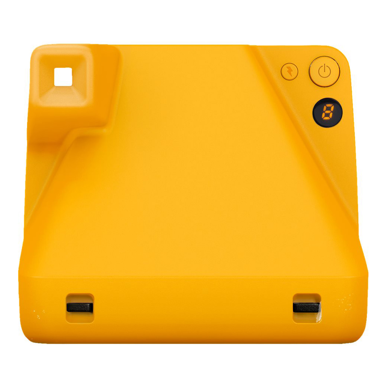 Fotocamera istantanea gialla. Mirino, pulsanti e display per scatti rimanenti.