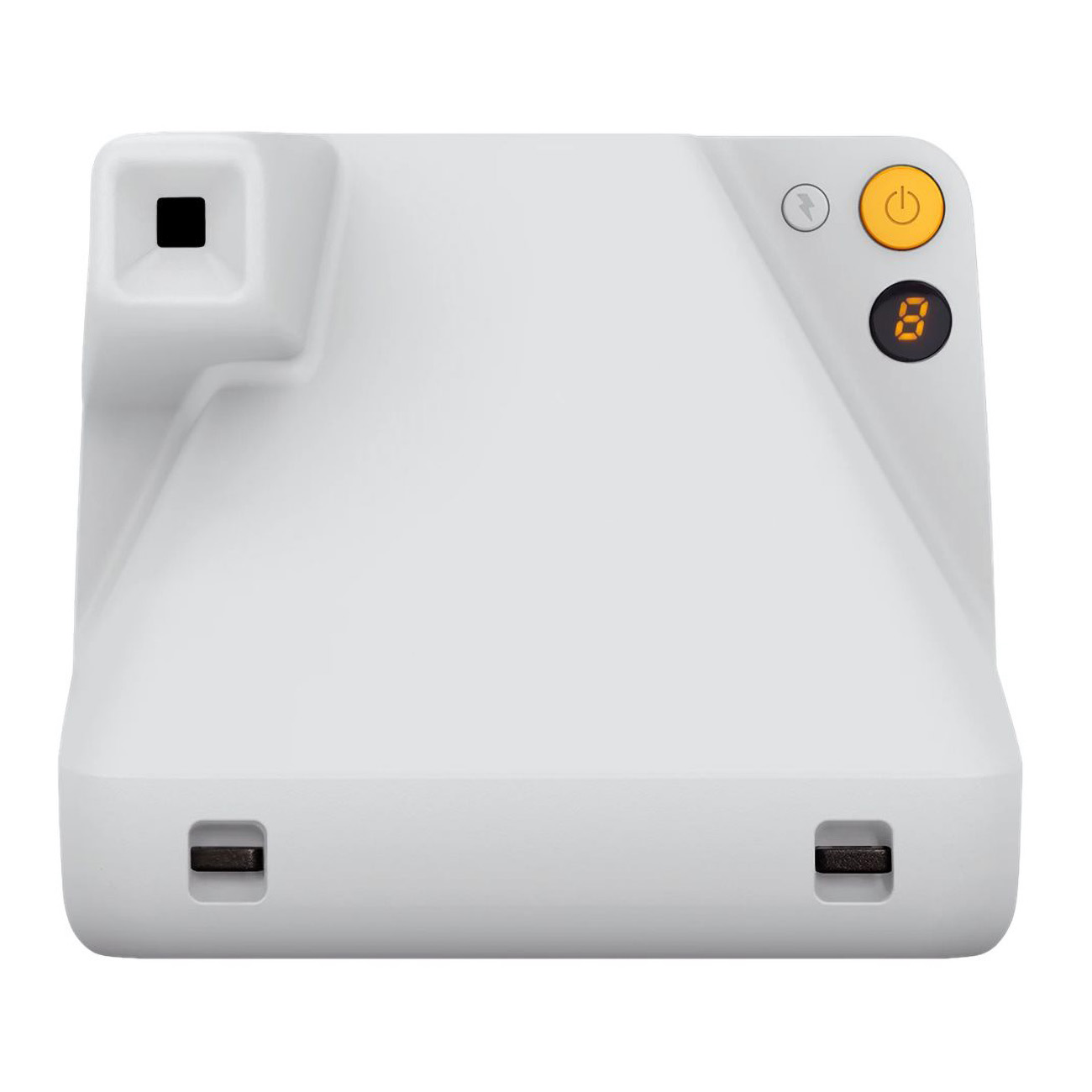 Biały aparat Polaroid z pomarańczowym przyciskiem zasilania i wyświetlaczem 8.