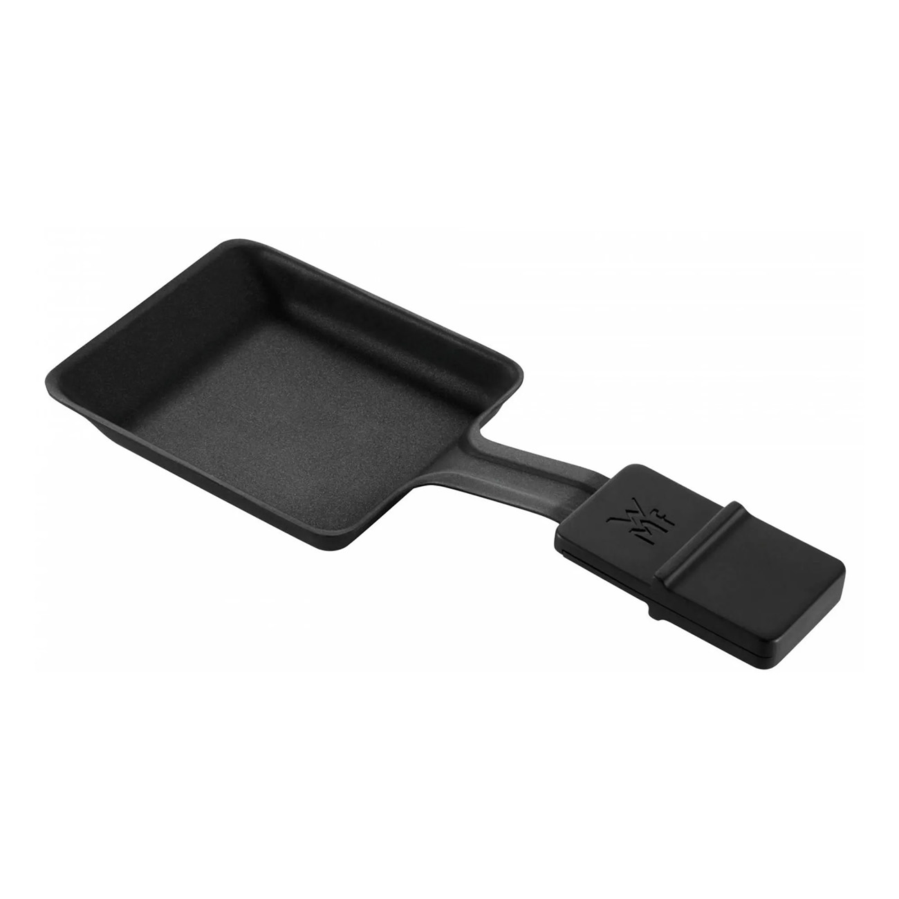 Czarna patelnia do raclette z uchwytem. Patelnia jest pusta.