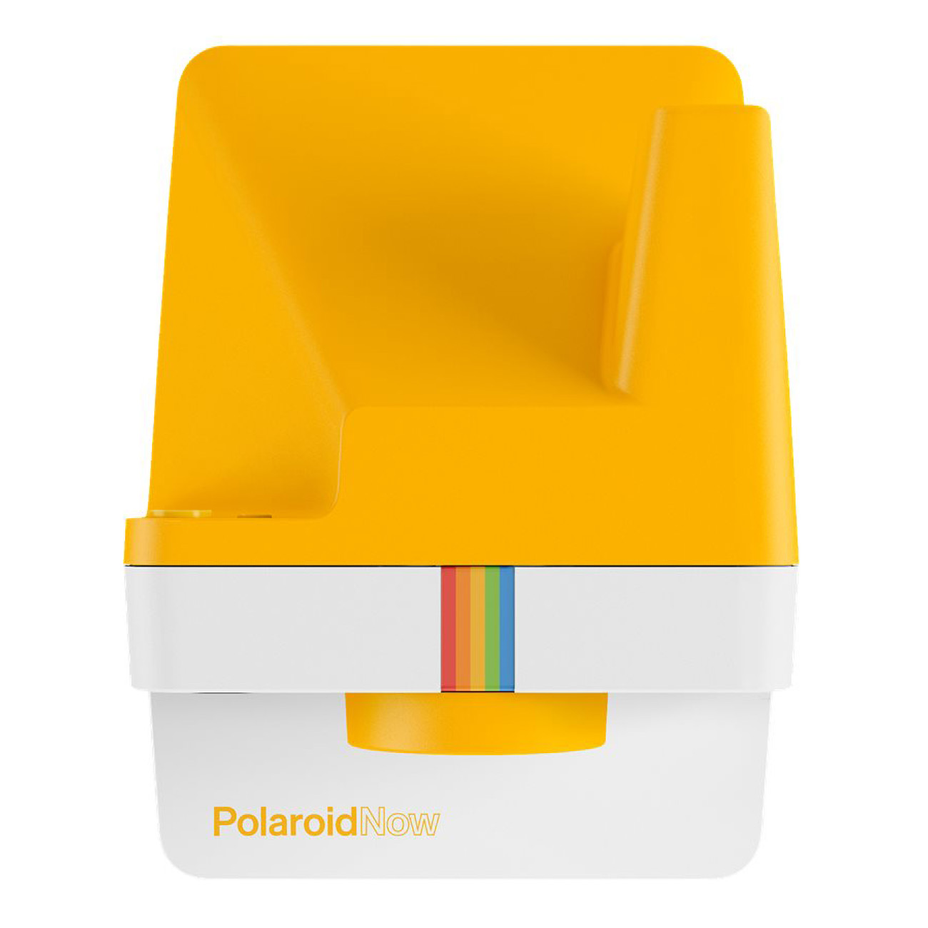 Fotocamera Polaroid Now gialla e bianca, con striscia arcobaleno e testo PolaroidNow.