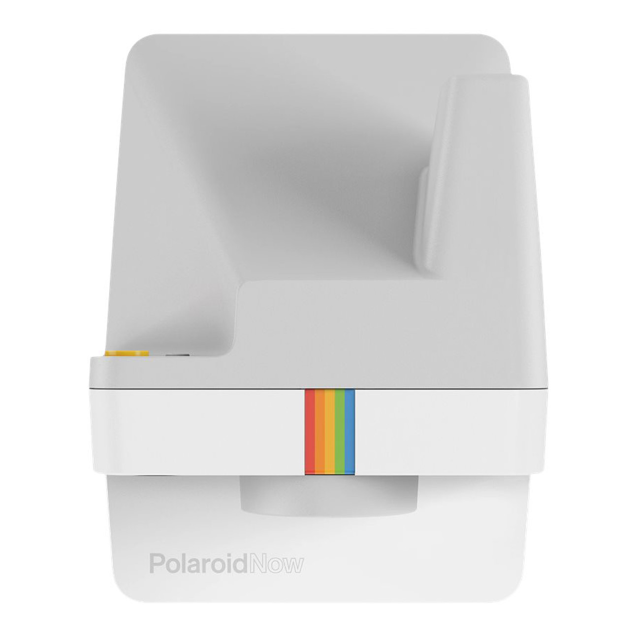 Aparat Polaroid Now, biała obudowa z wielokolorowym paskiem, widok z góry.