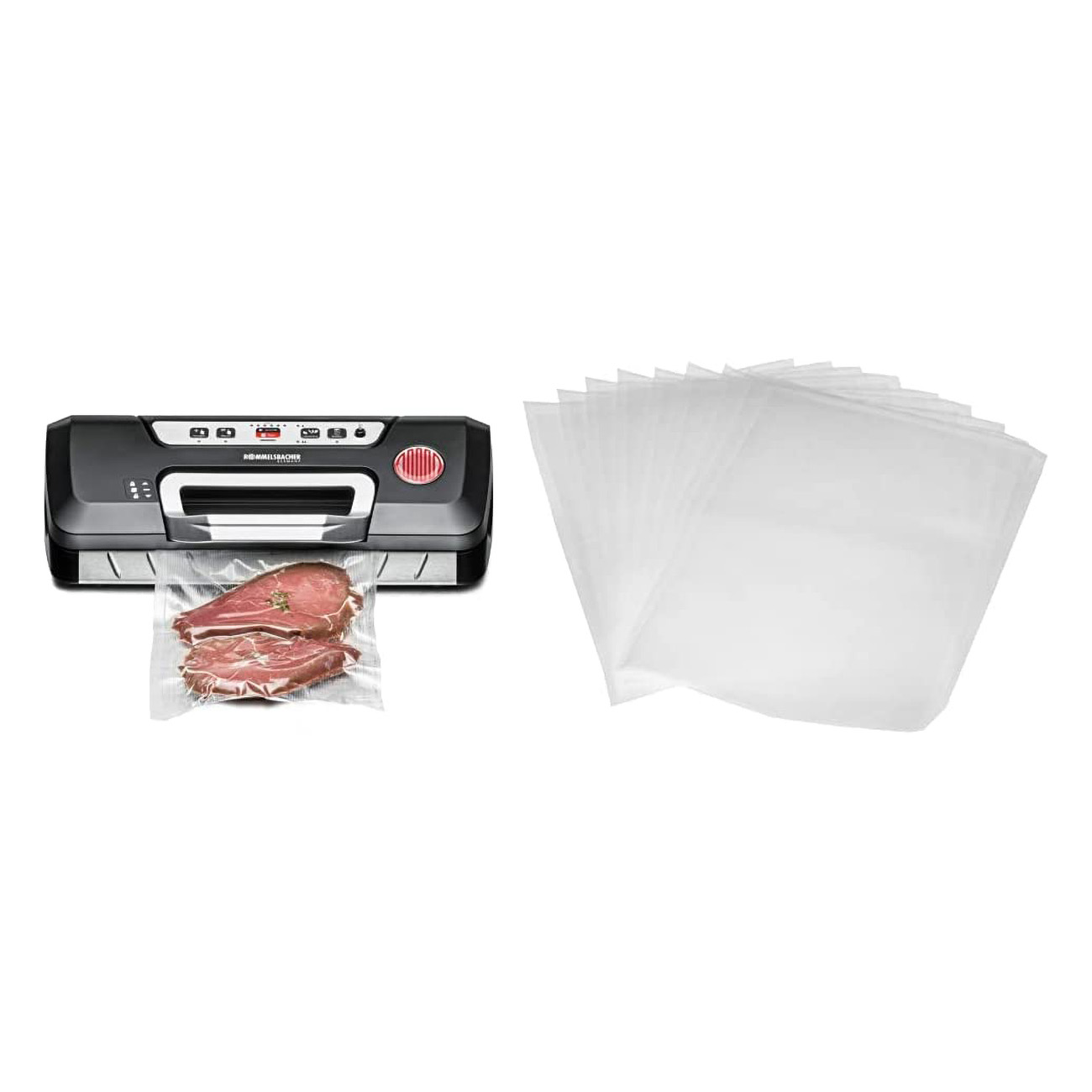 Zgrzewarka próżniowa z mięsem i workami po lewej, stos worków po prawej.