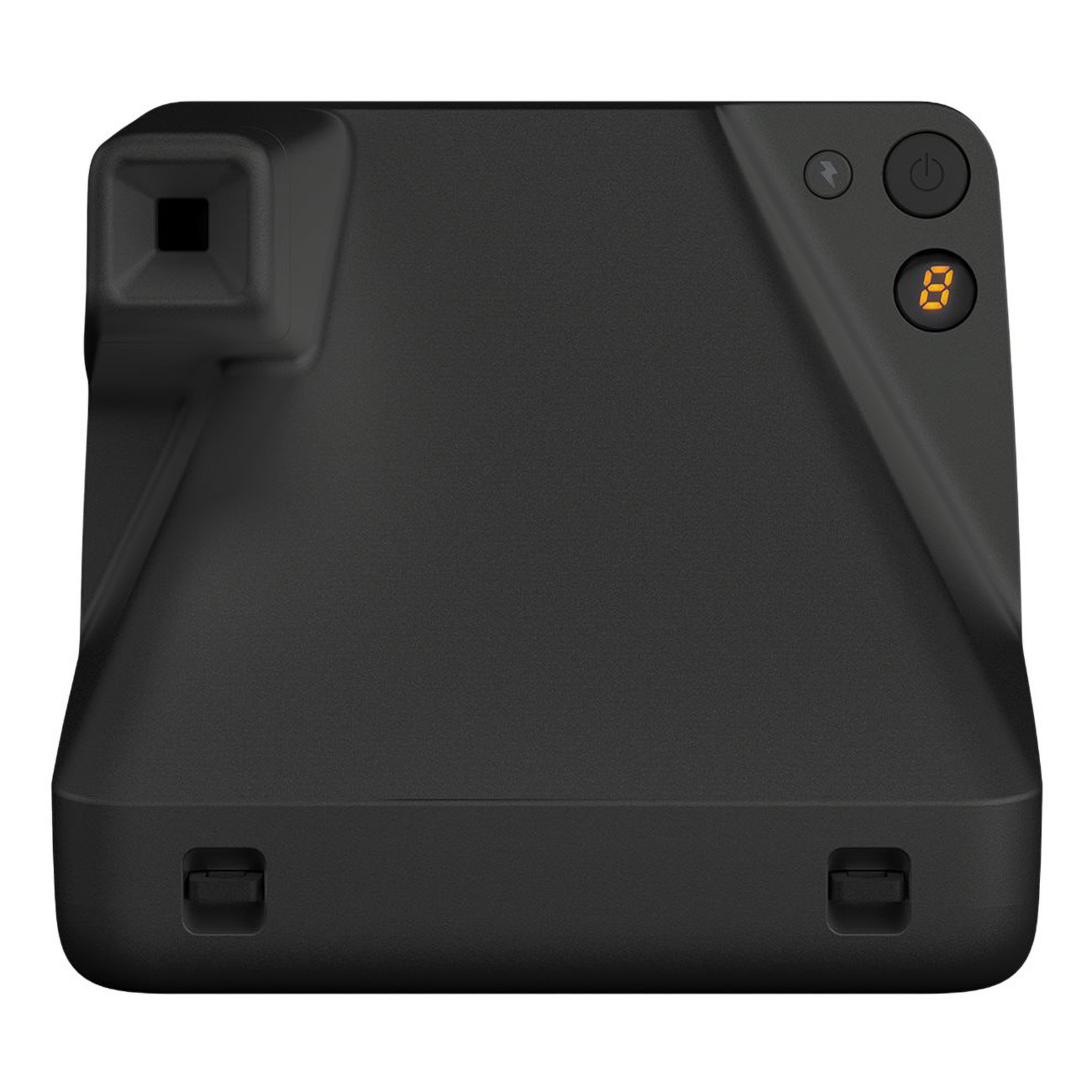 Czarny aparat Polaroid. Ma wizjer i wyświetlacz z cyfrą osiem.