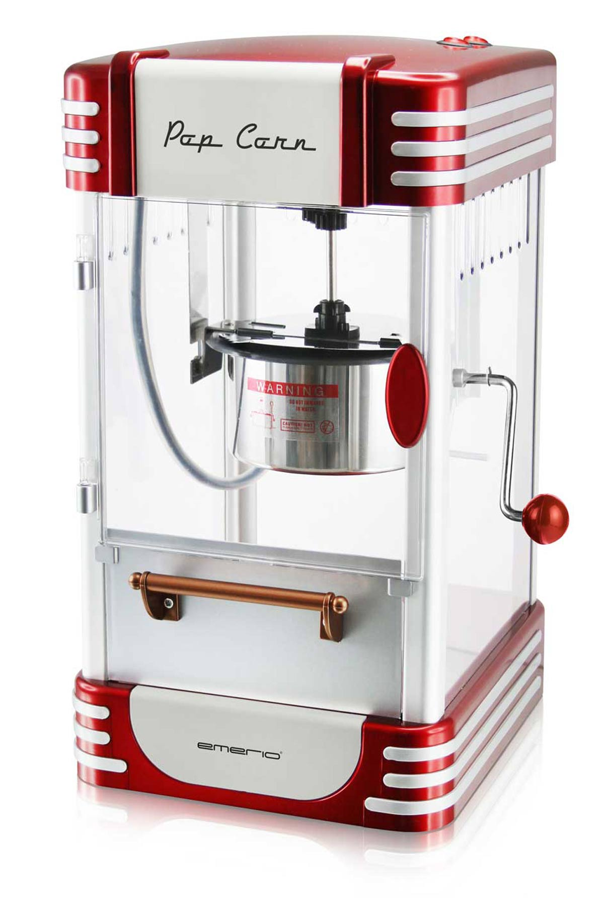 Máquina de palomitas retro roja y blanca. Frente transparente, asa y texto 'Pop Corn'.