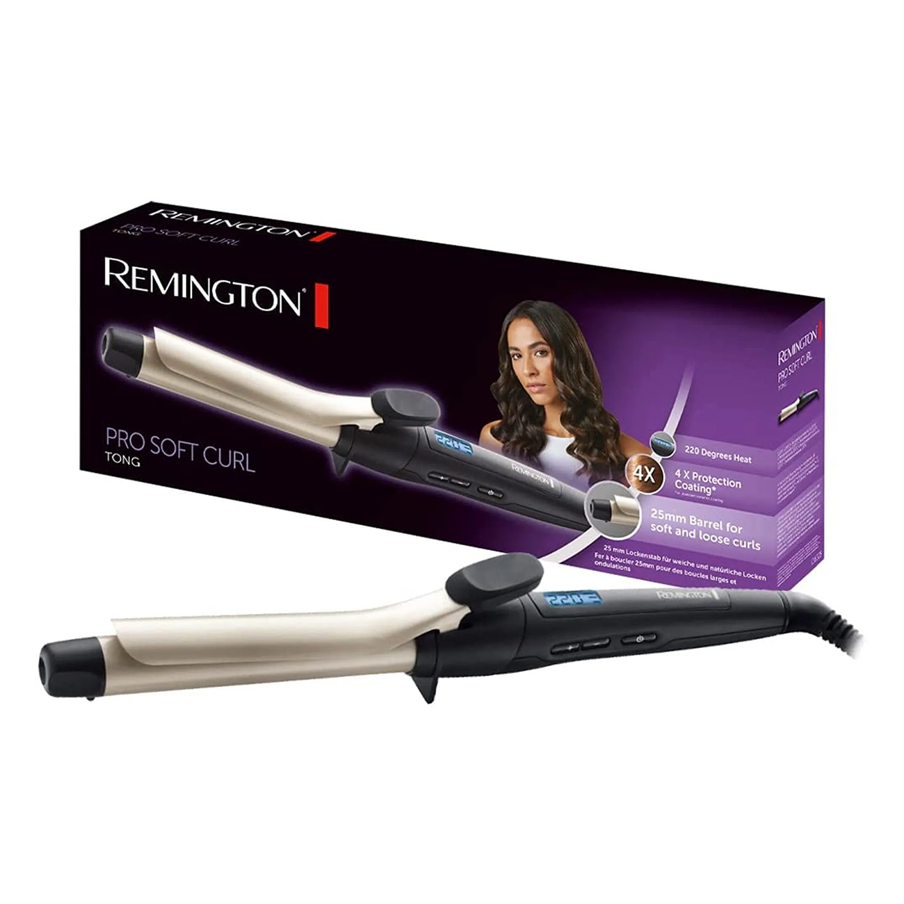 Lokówka z czarno-białym korpusem, a na pudełku kobieta z kręconymi włosami.