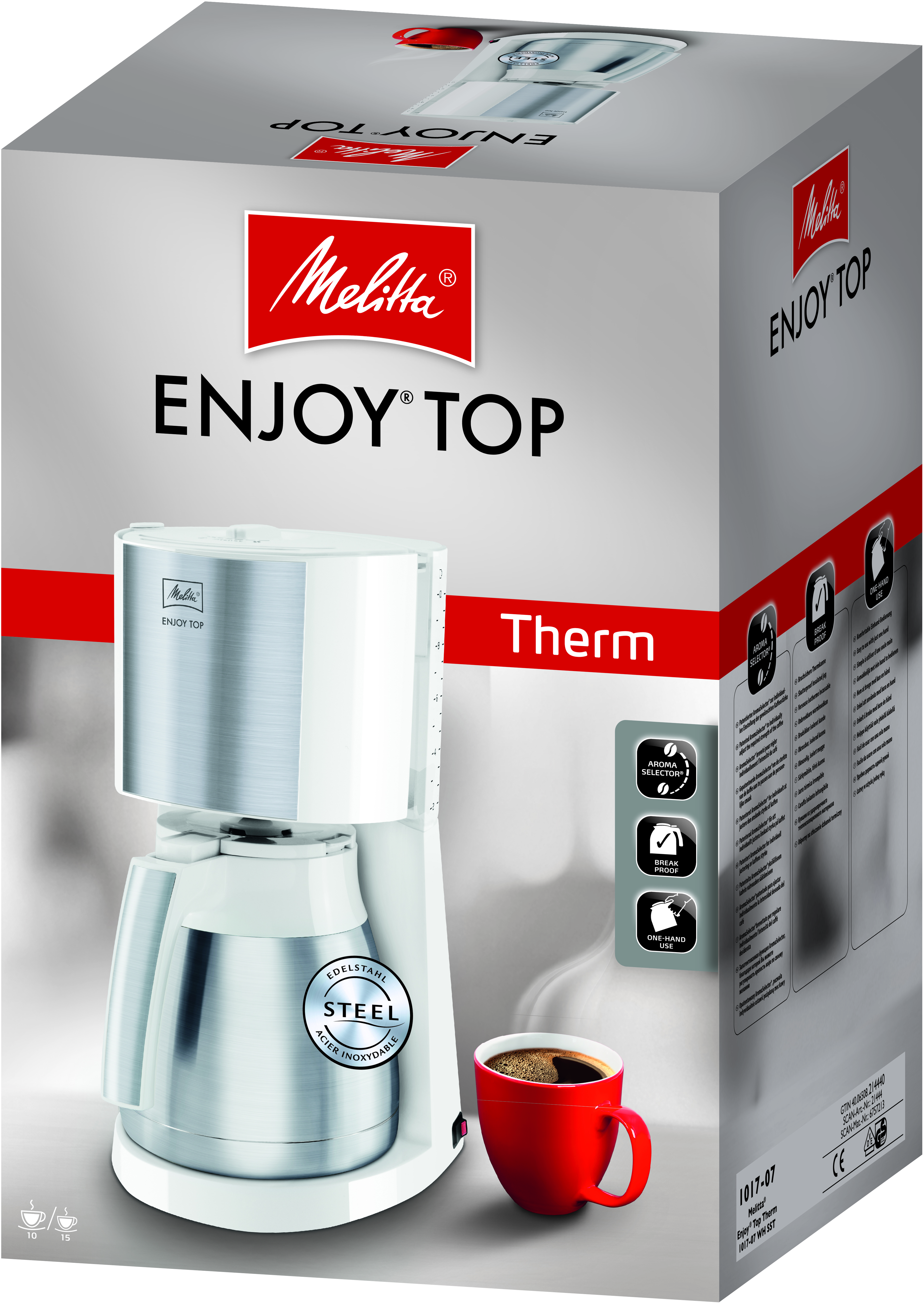 Ekspres do kawy w pudełku. Czerwony kubek jest z przodu.