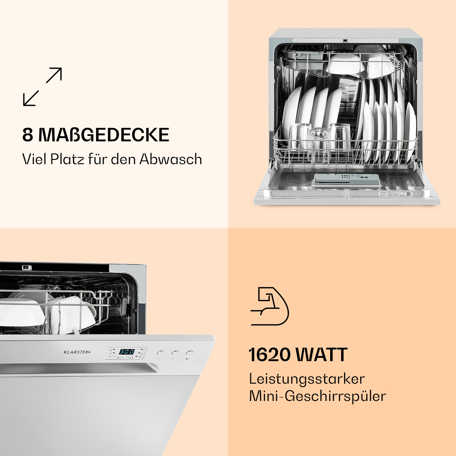 Lavastoviglie, aperta, con piatti all'interno. Testo: 8 coperti, 1620 watt.
