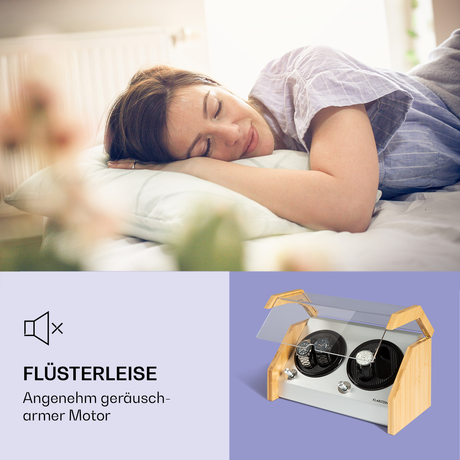 Frau schläft im Bett. Eine kleine Kochplatte im Retro-Stil in der Ecke.