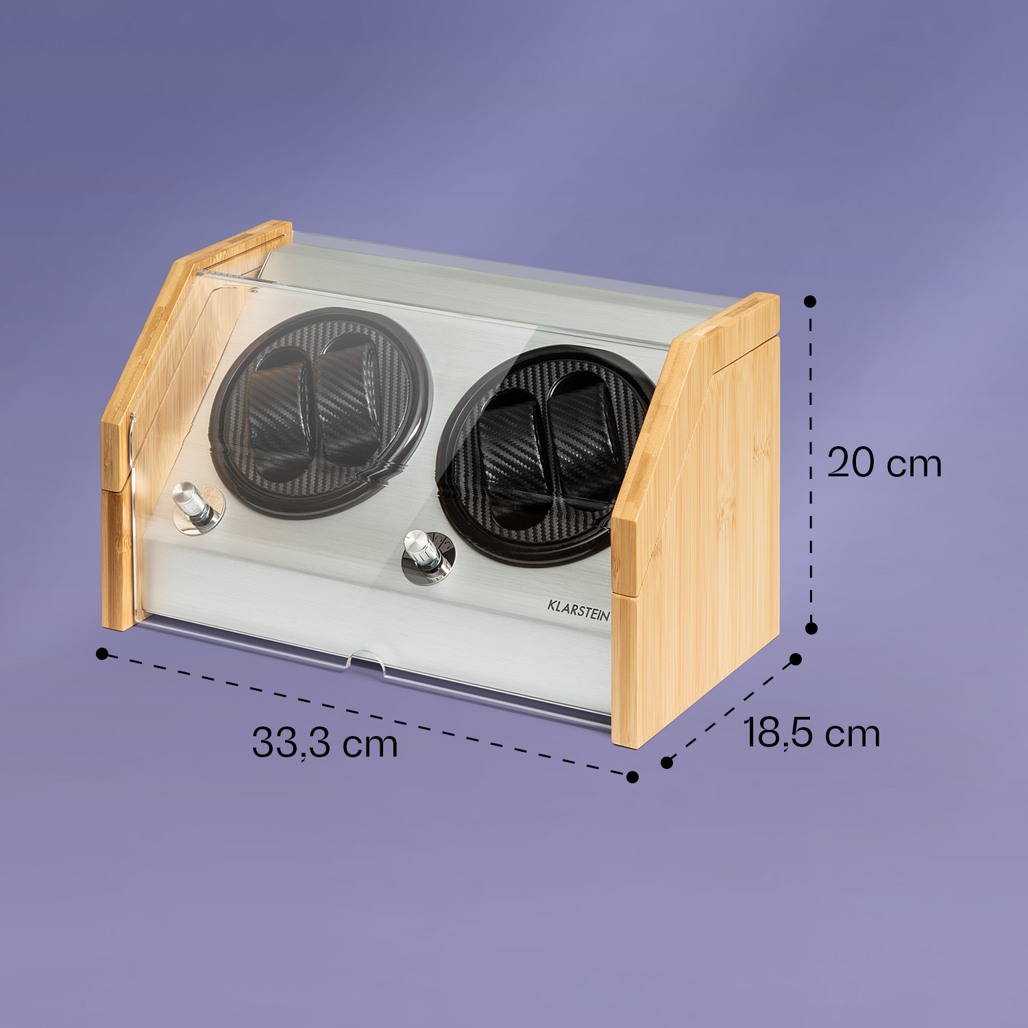 Ein Uhrenbeweger aus Holz und klarem Kunststoff mit zwei Uhrenhaltern.