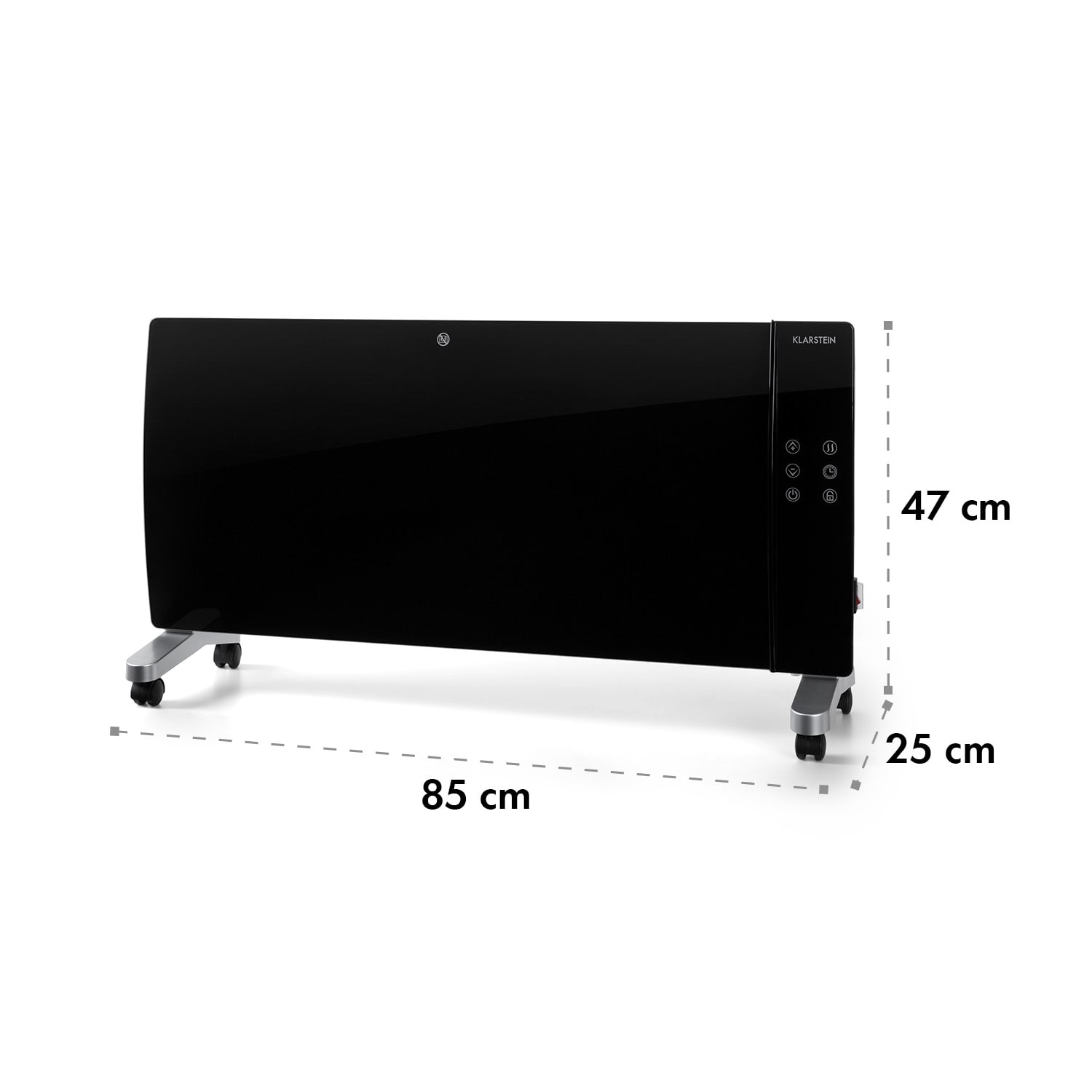 Un riscaldatore nero con dimensioni visualizzate, lungo 85 cm, alto 47 cm e largo 25 cm.