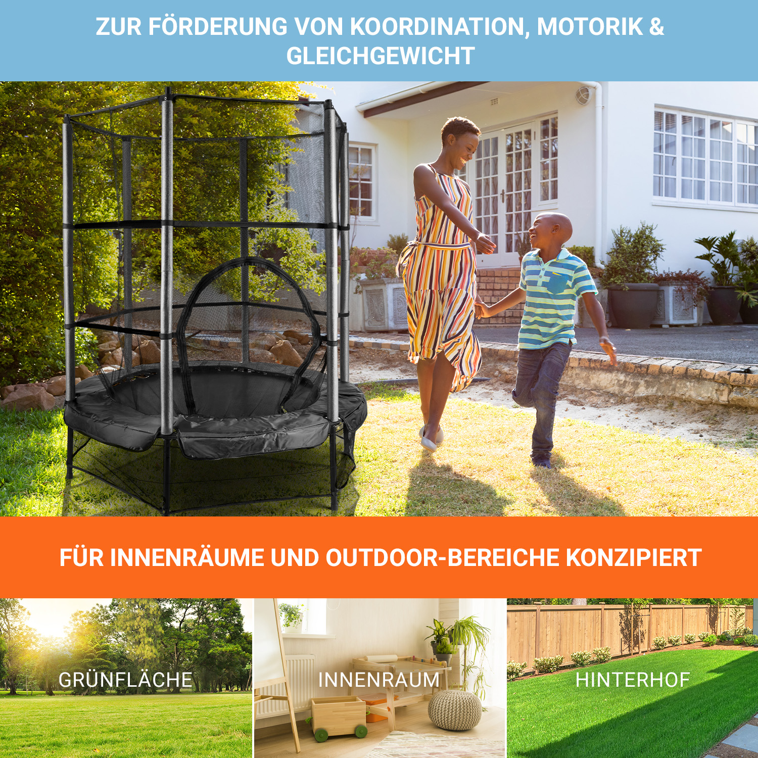 Ein Mädchen und ein Junge rennen in der Nähe eines Trampolins. Hinterhofszene mit Gras und einem weißen Haus.