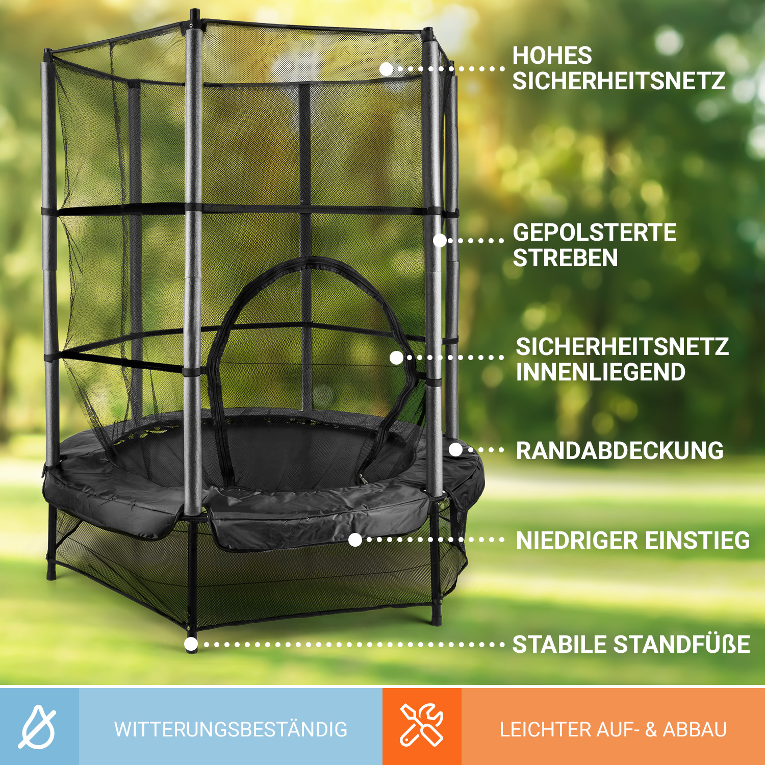 Ein schwarzes Trampolin mit Sicherheitsnetz, mit Beschriftungen und weißem Hintergrund.