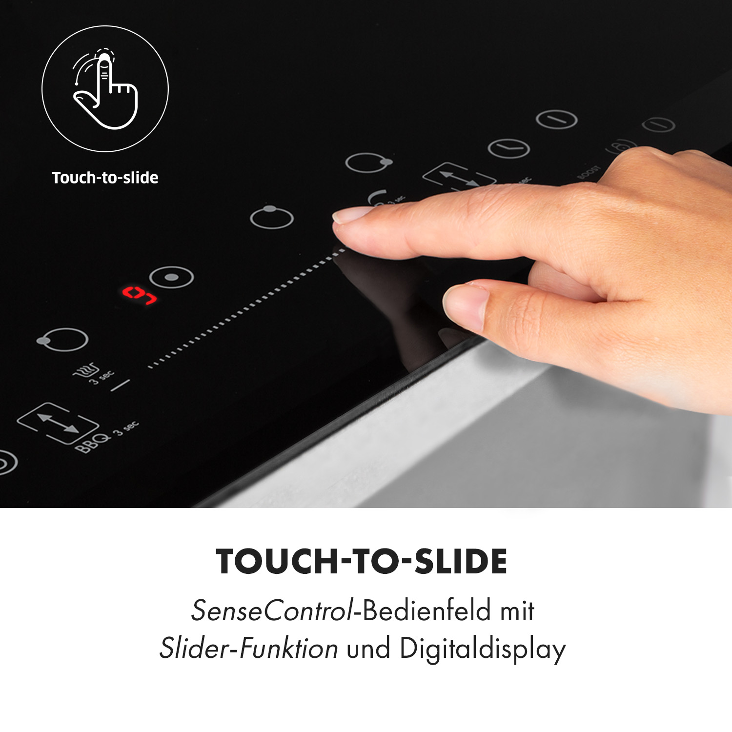Mano che tocca un piano cottura nero con comandi touch e display digitale.