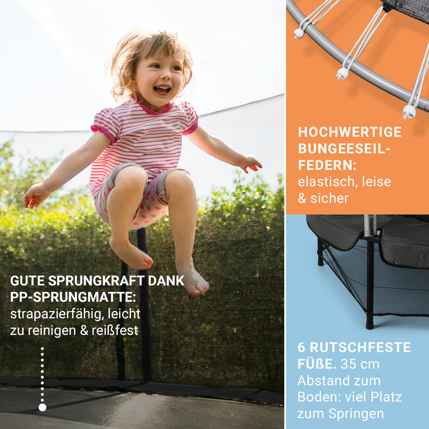 Ein kleines Mädchen springt auf einem Trampolin. Text mit Informationen befindet sich rechts und links.